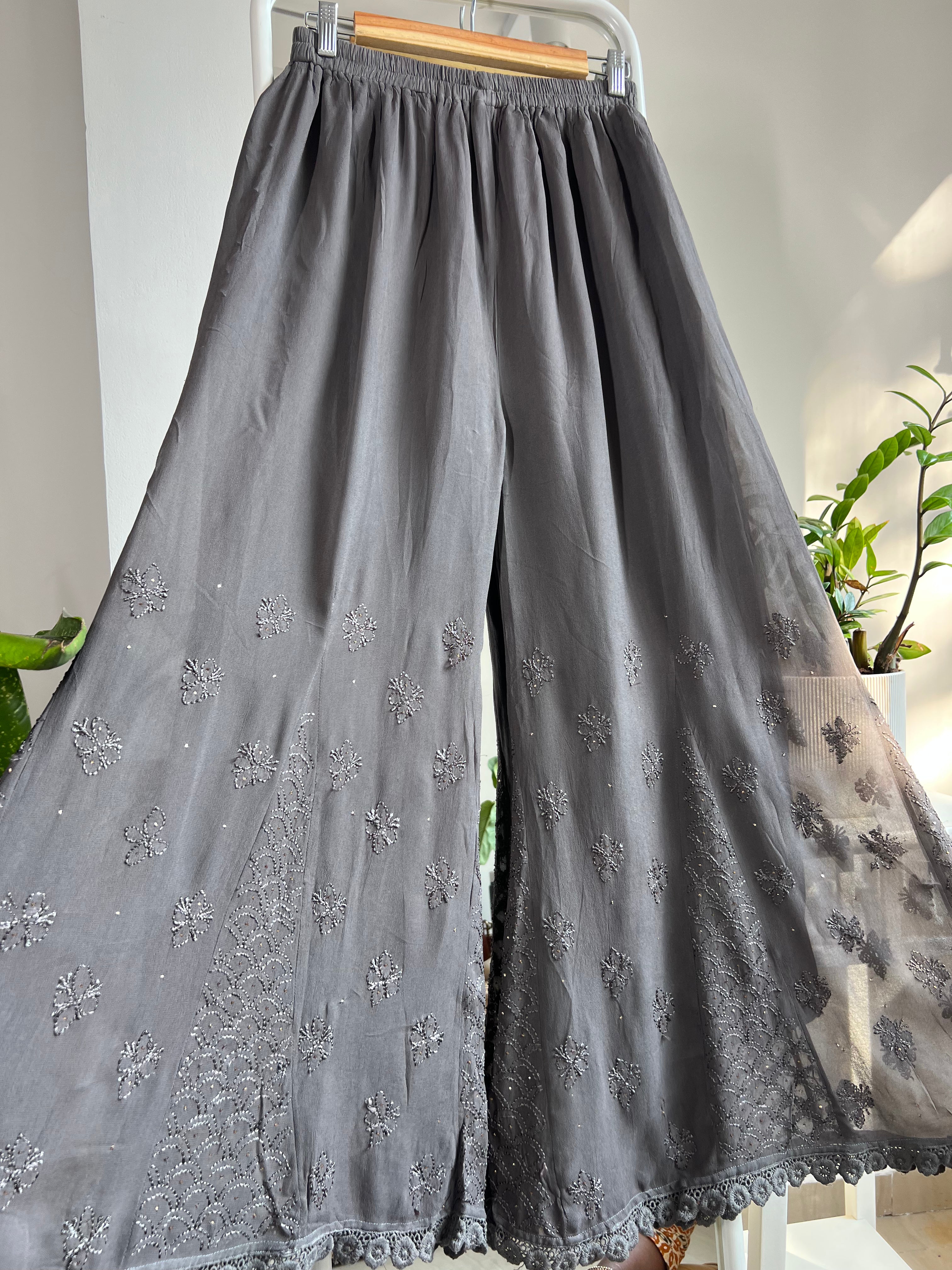 Chikankari Plazzo with mukaish - Flare - Mink Grey ARIAA CHIKANKARI