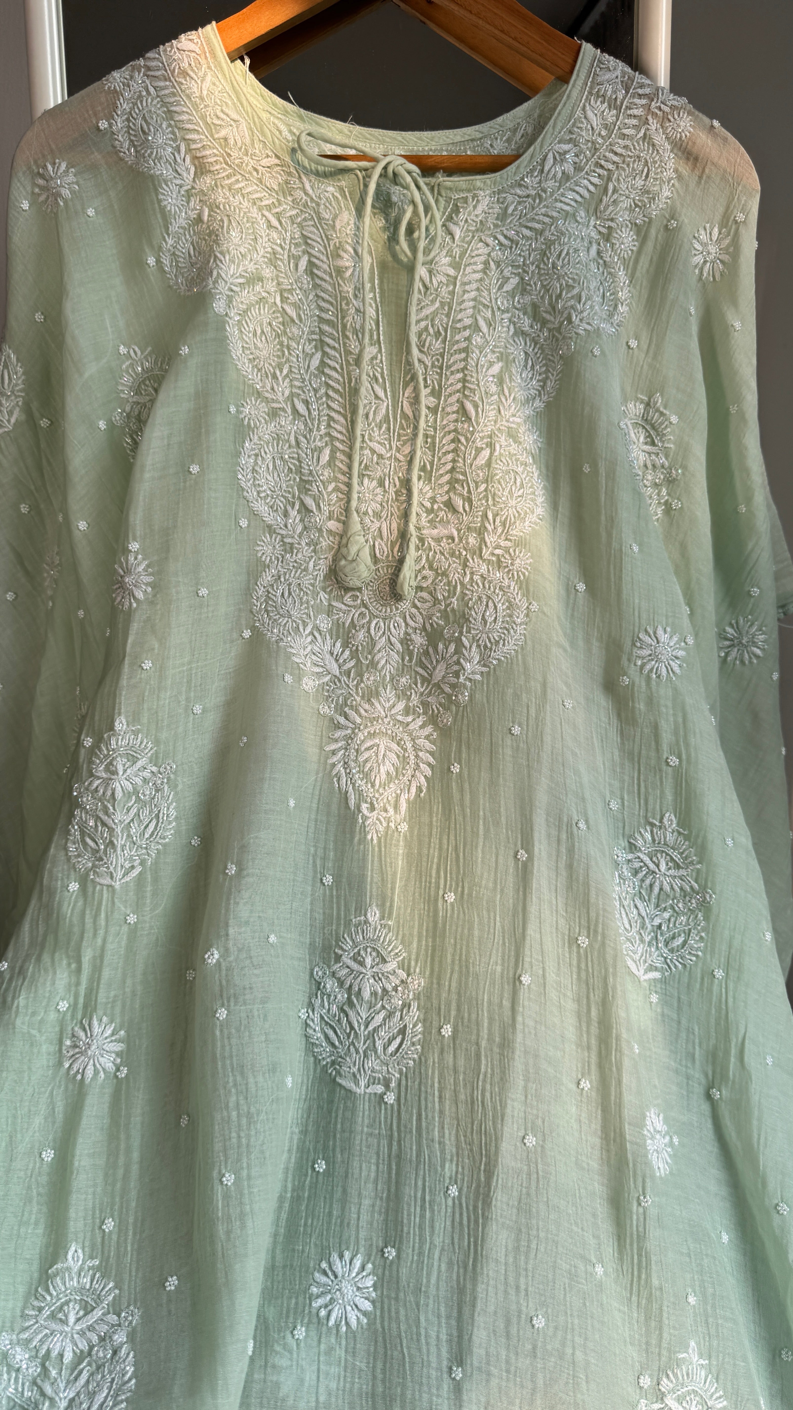 Mul Chanderi Chikankari Kaftan - Green