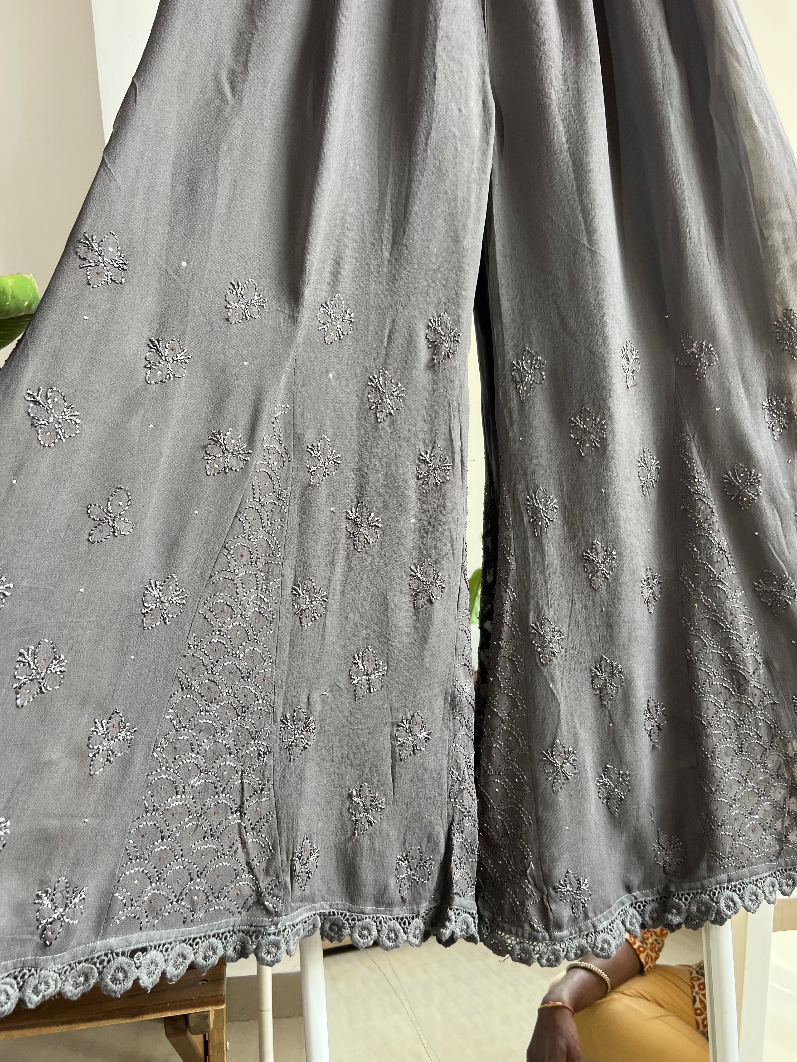 Chikankari Plazzo with mukaish - Flare - Mink Grey ARIAA CHIKANKARI