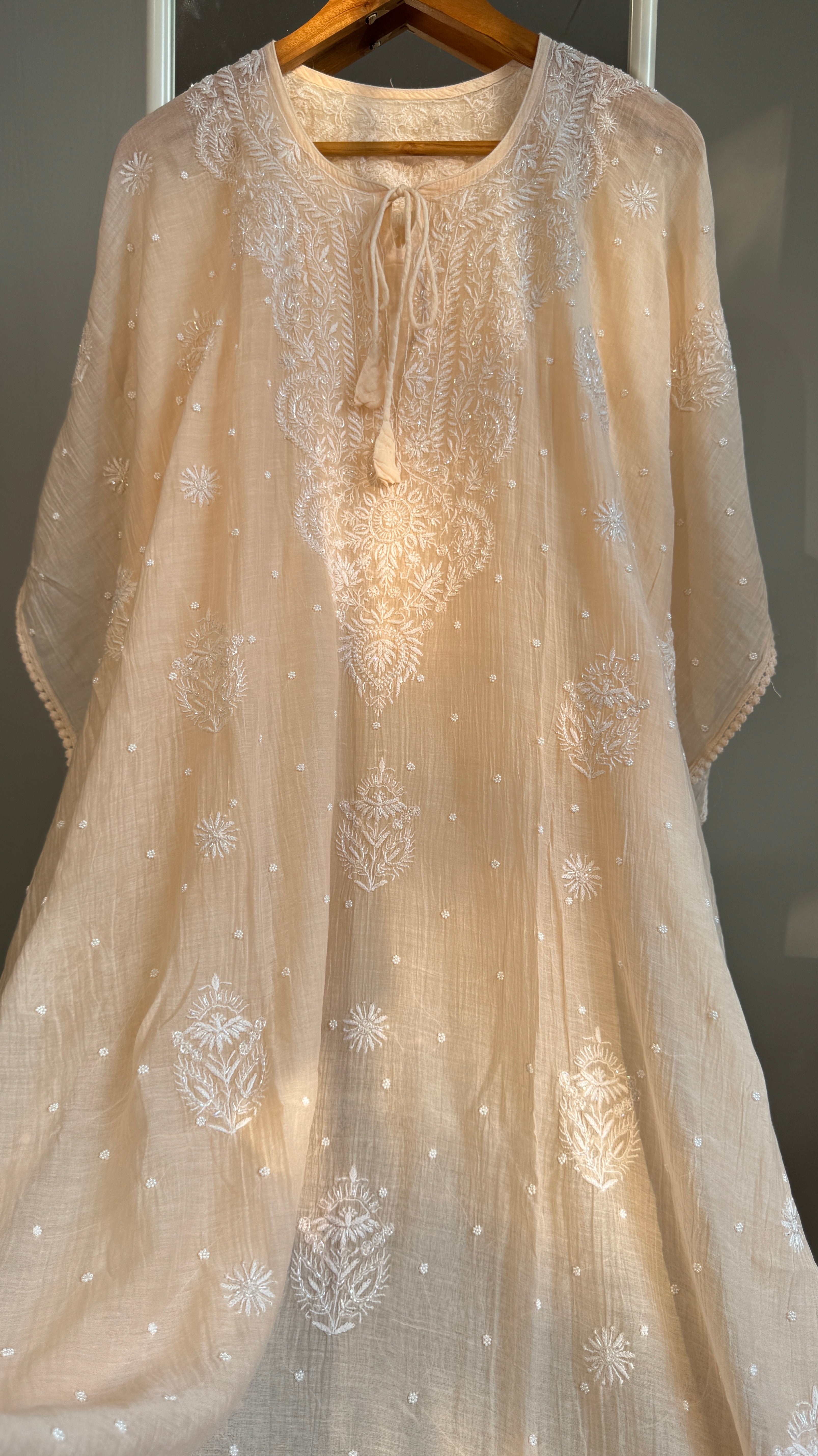 Mul Chanderi Chikankari Kaftan - Blush peach