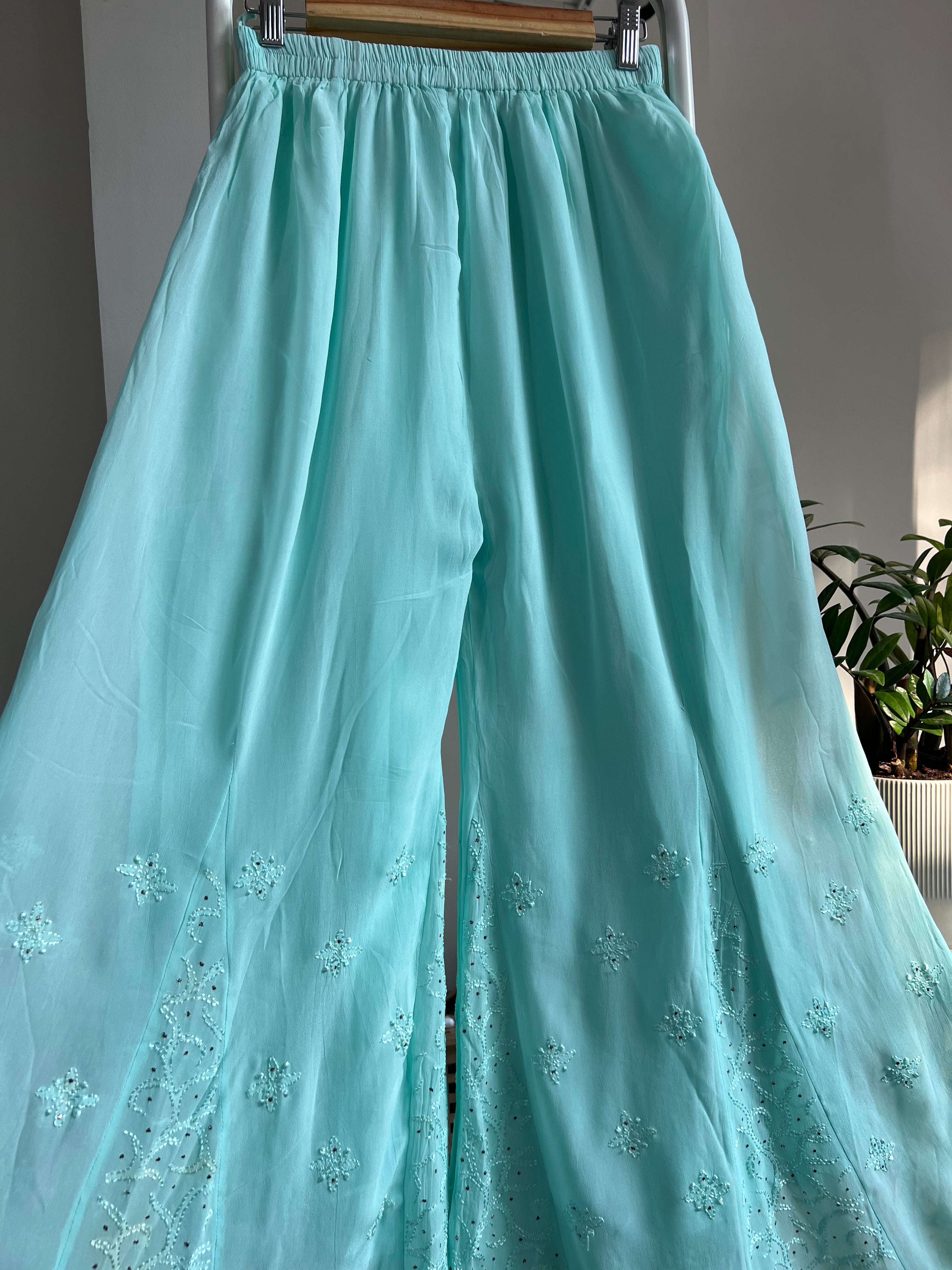 Chikankari Plazzo with mukaish - Flare - Cyan Green ARIAA CHIKANKARI