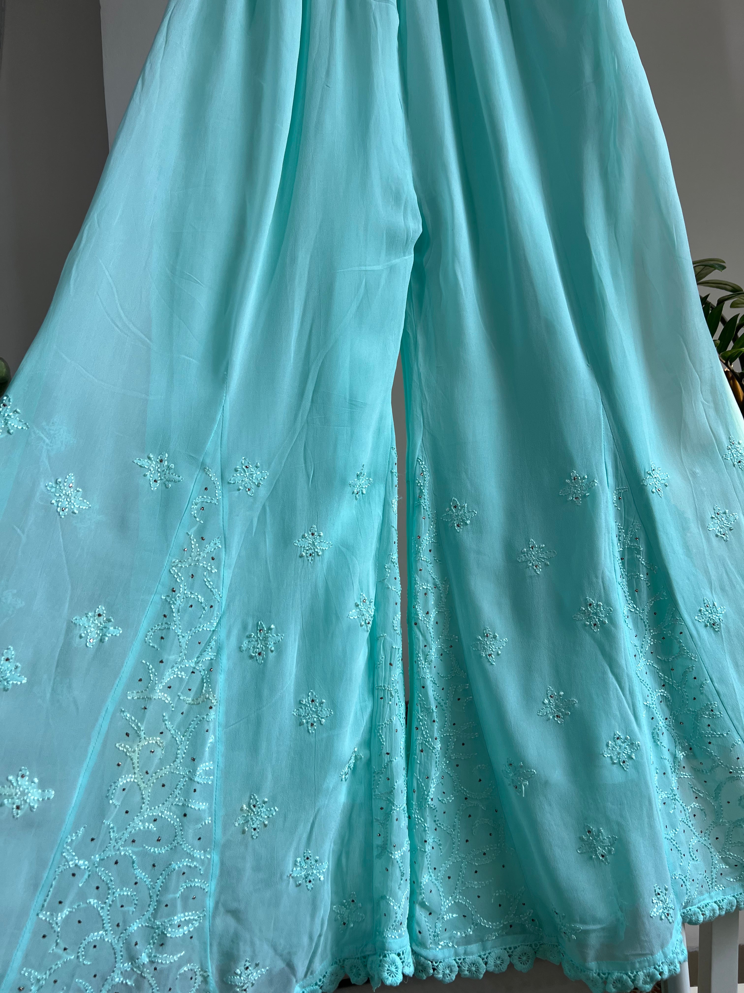 Chikankari Plazzo with mukaish - Flare - Cyan Green ARIAA CHIKANKARI