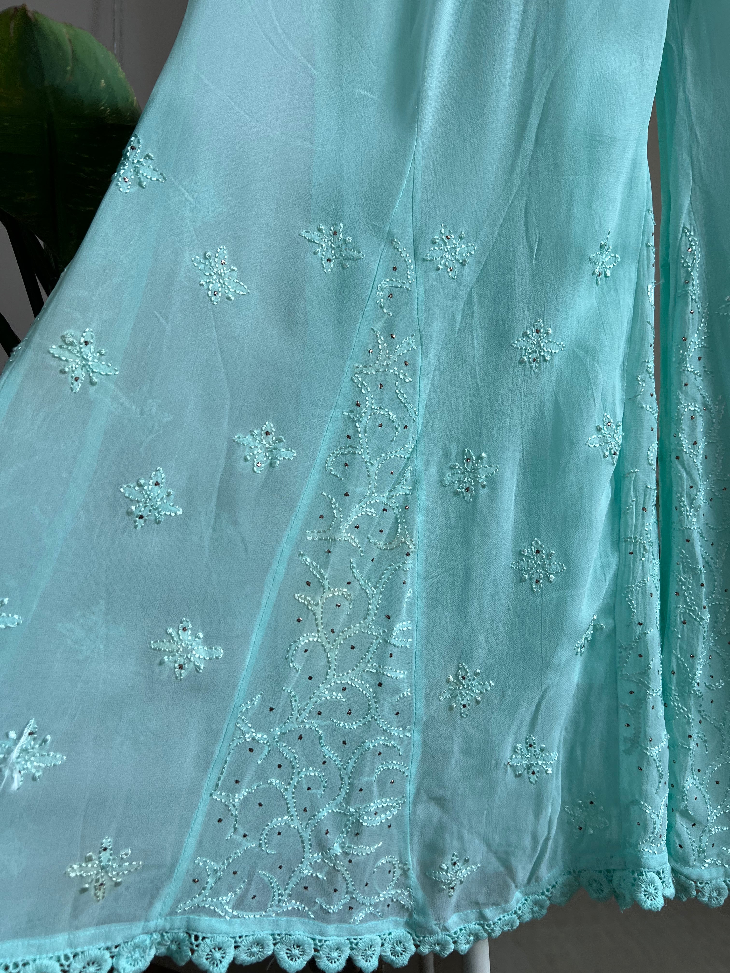 Chikankari Plazzo with mukaish - Flare - Cyan Green ARIAA CHIKANKARI