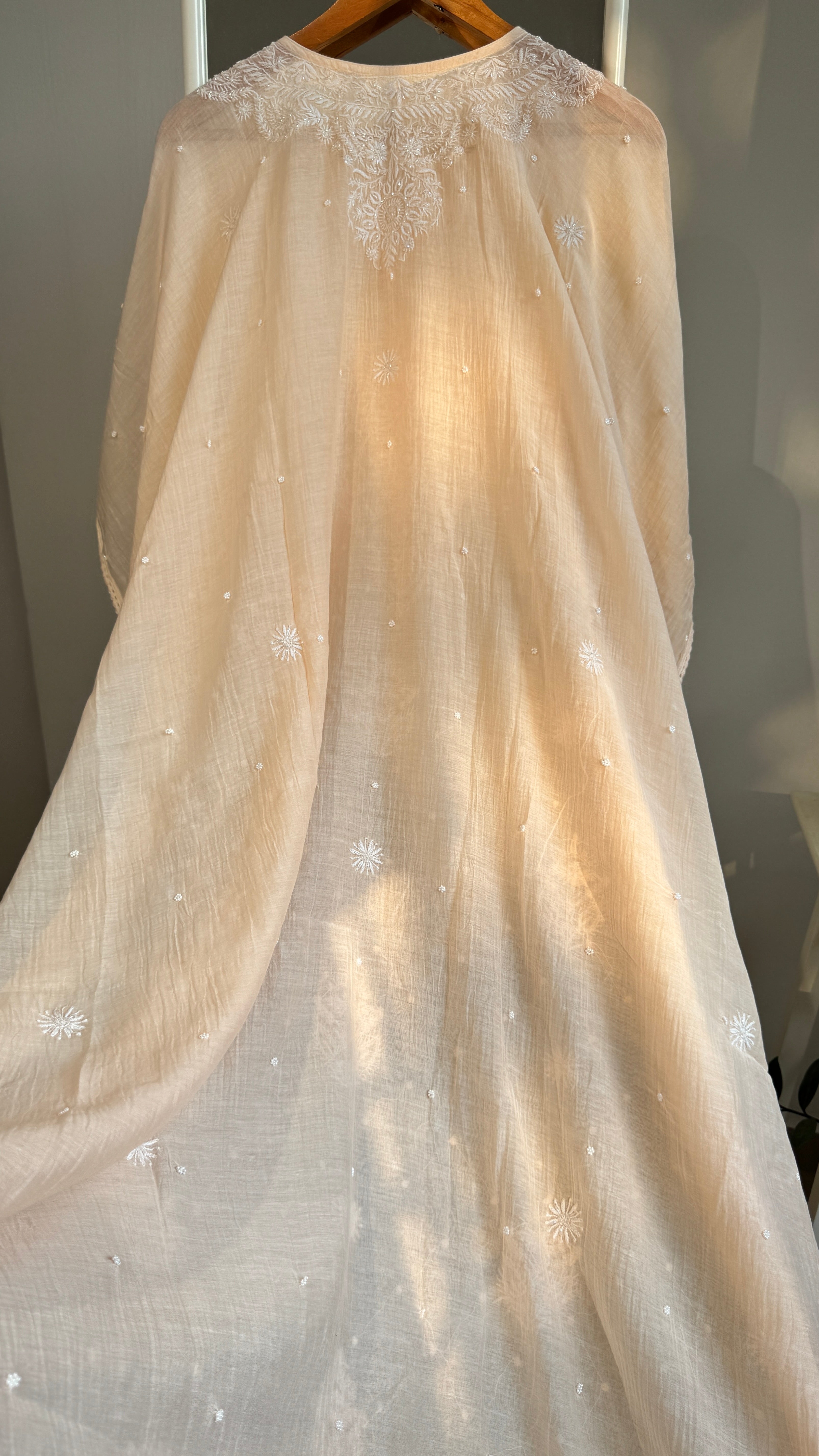 Mul Chanderi Chikankari Kaftan - Blush peach