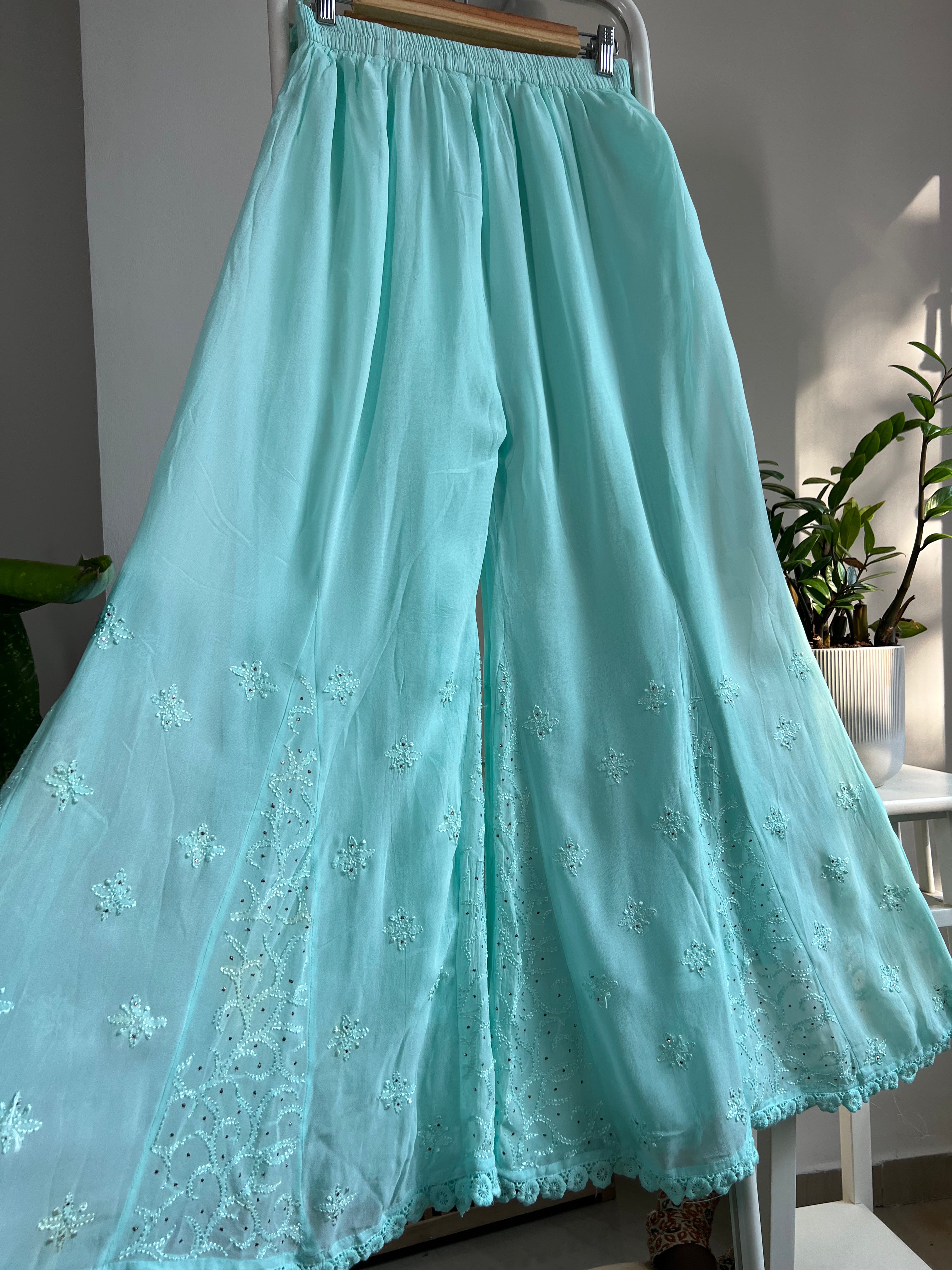 Chikankari Plazzo with mukaish - Flare - Cyan Green ARIAA CHIKANKARI