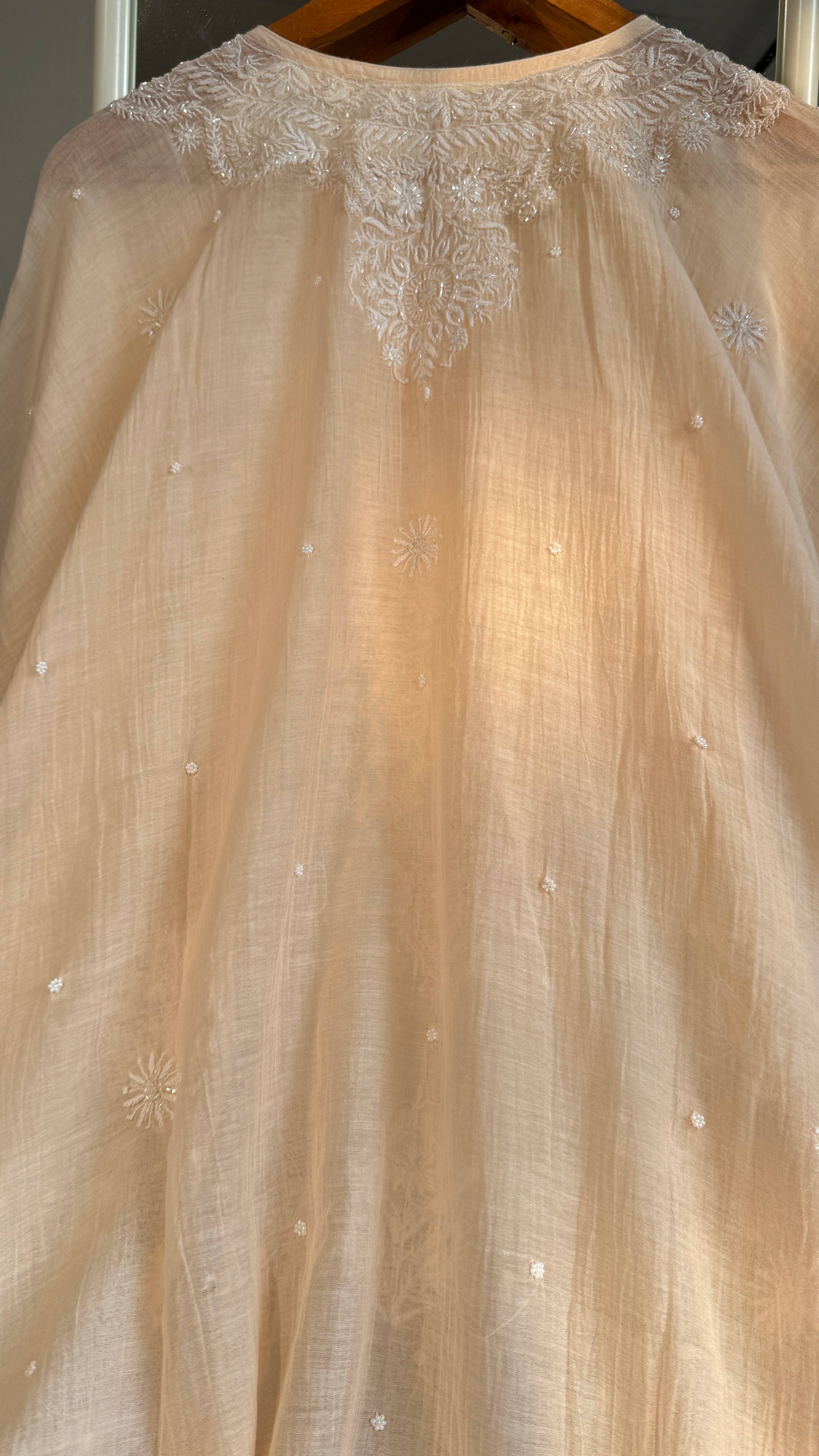 Mul Chanderi Chikankari Kaftan - Blush peach