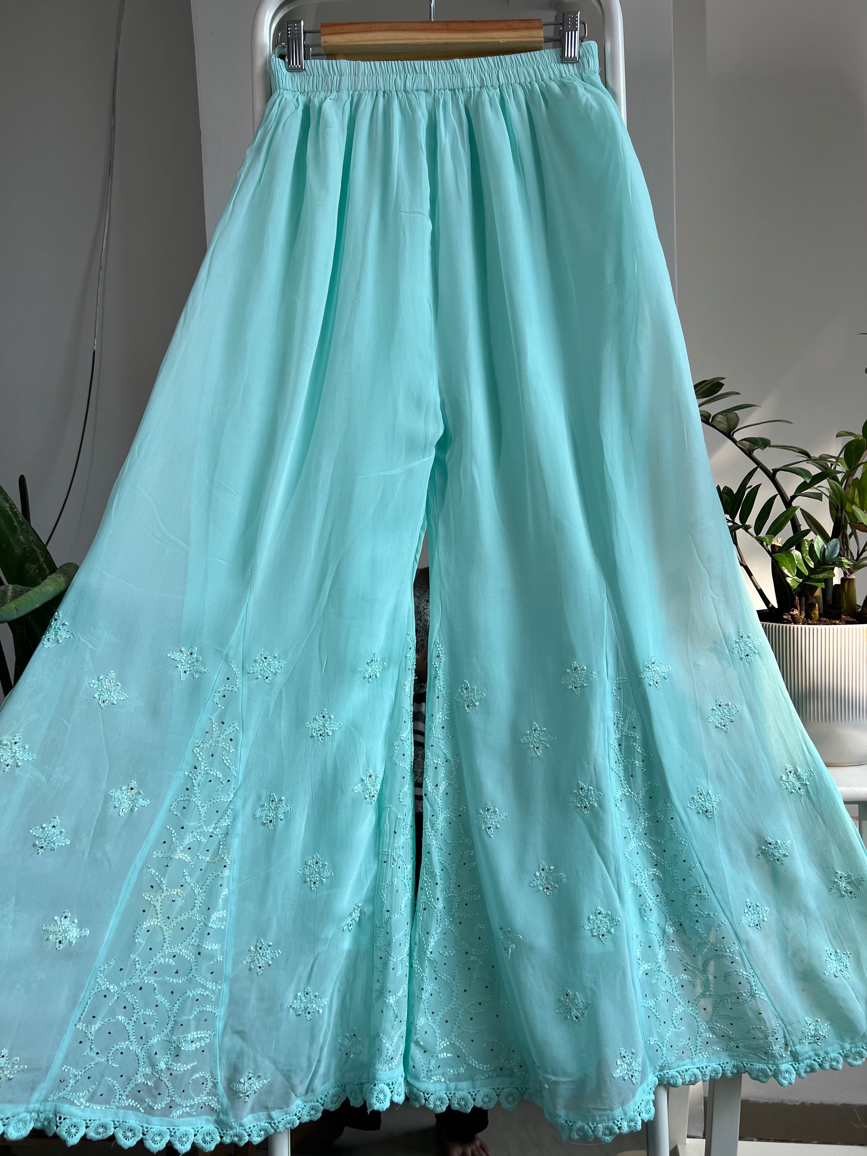 Chikankari Plazzo with mukaish - Flare - Cyan Green ARIAA CHIKANKARI