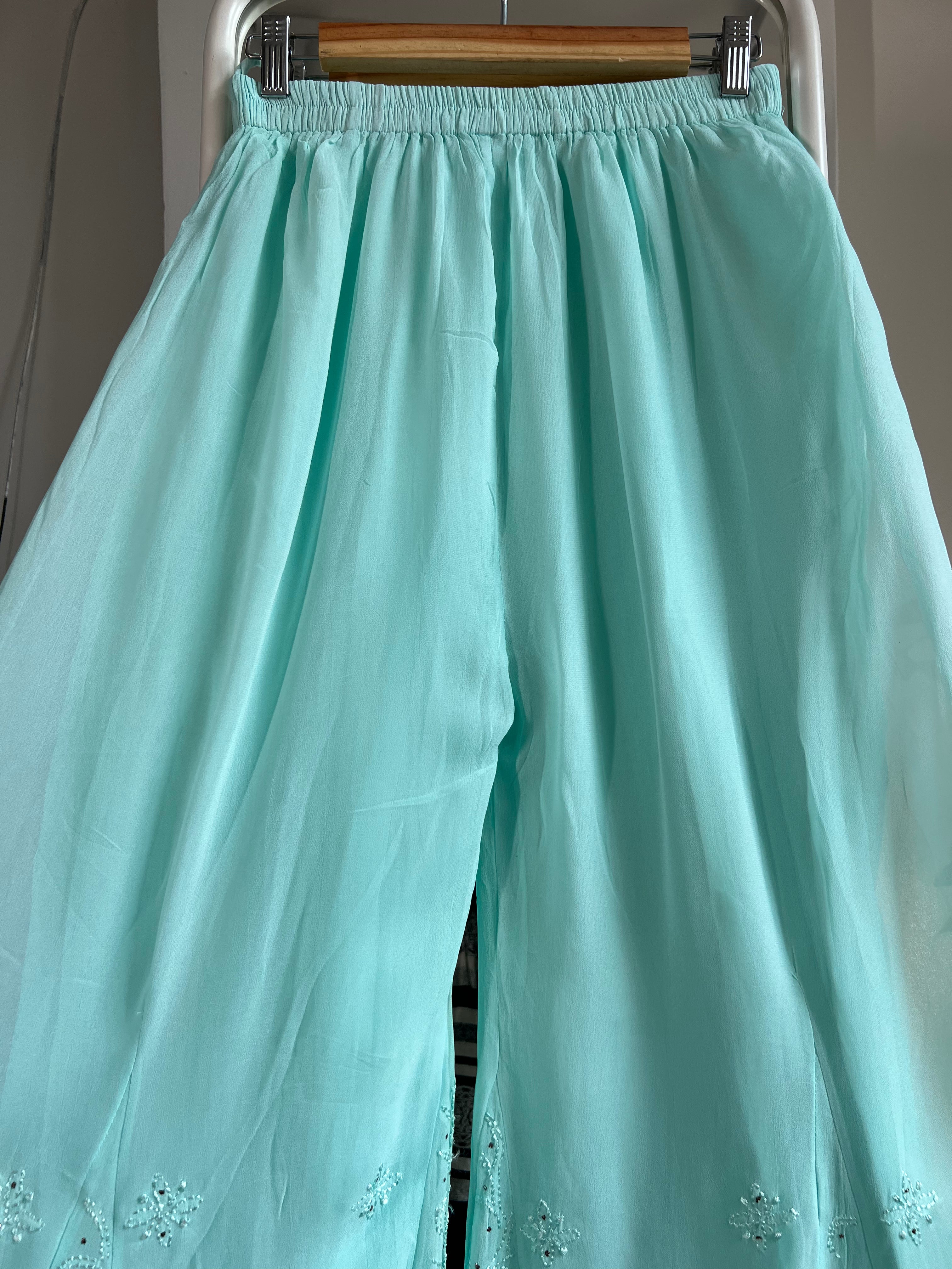 Chikankari Plazzo with mukaish - Flare - Cyan Green ARIAA CHIKANKARI