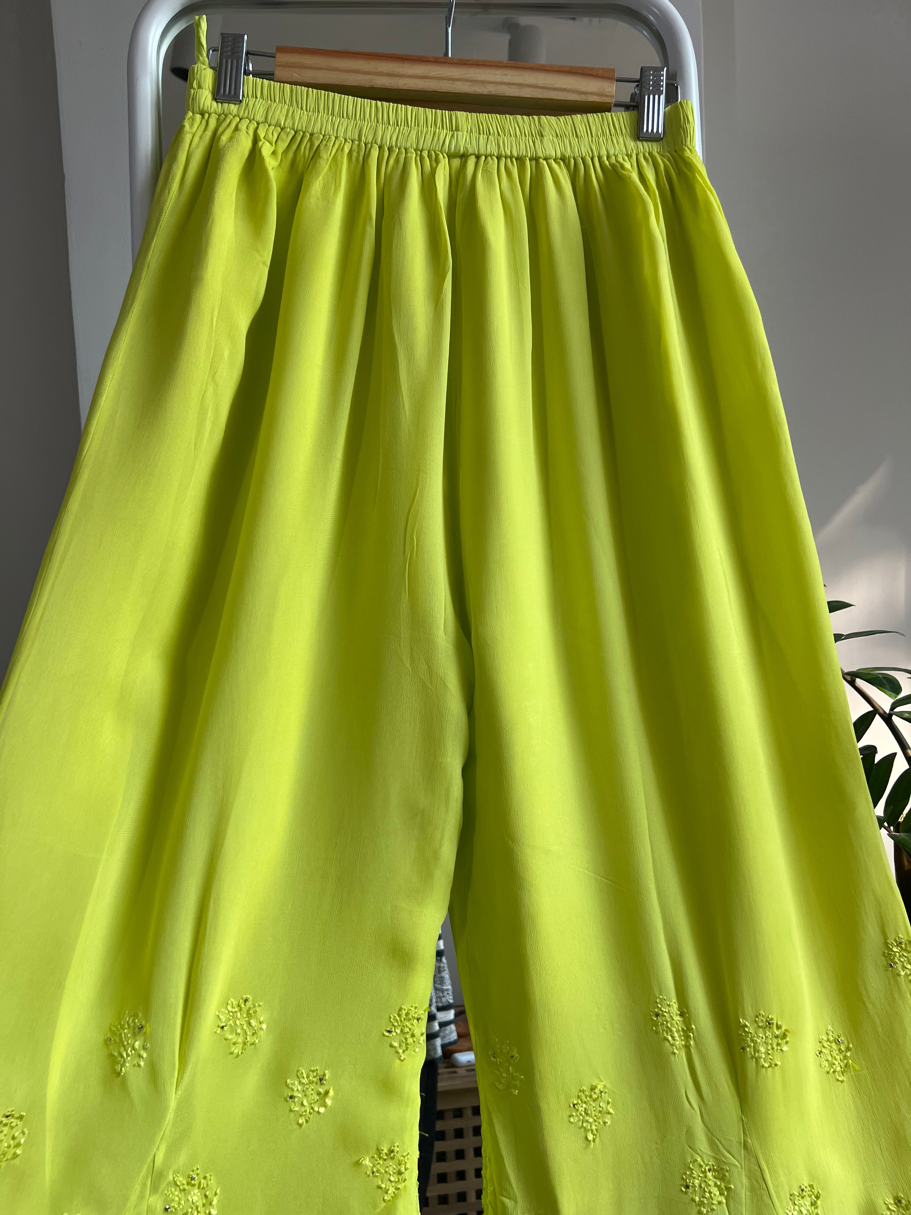 Chikankari Plazzo with mukaish - Flare - Neon yellow ARIAA CHIKANKARI