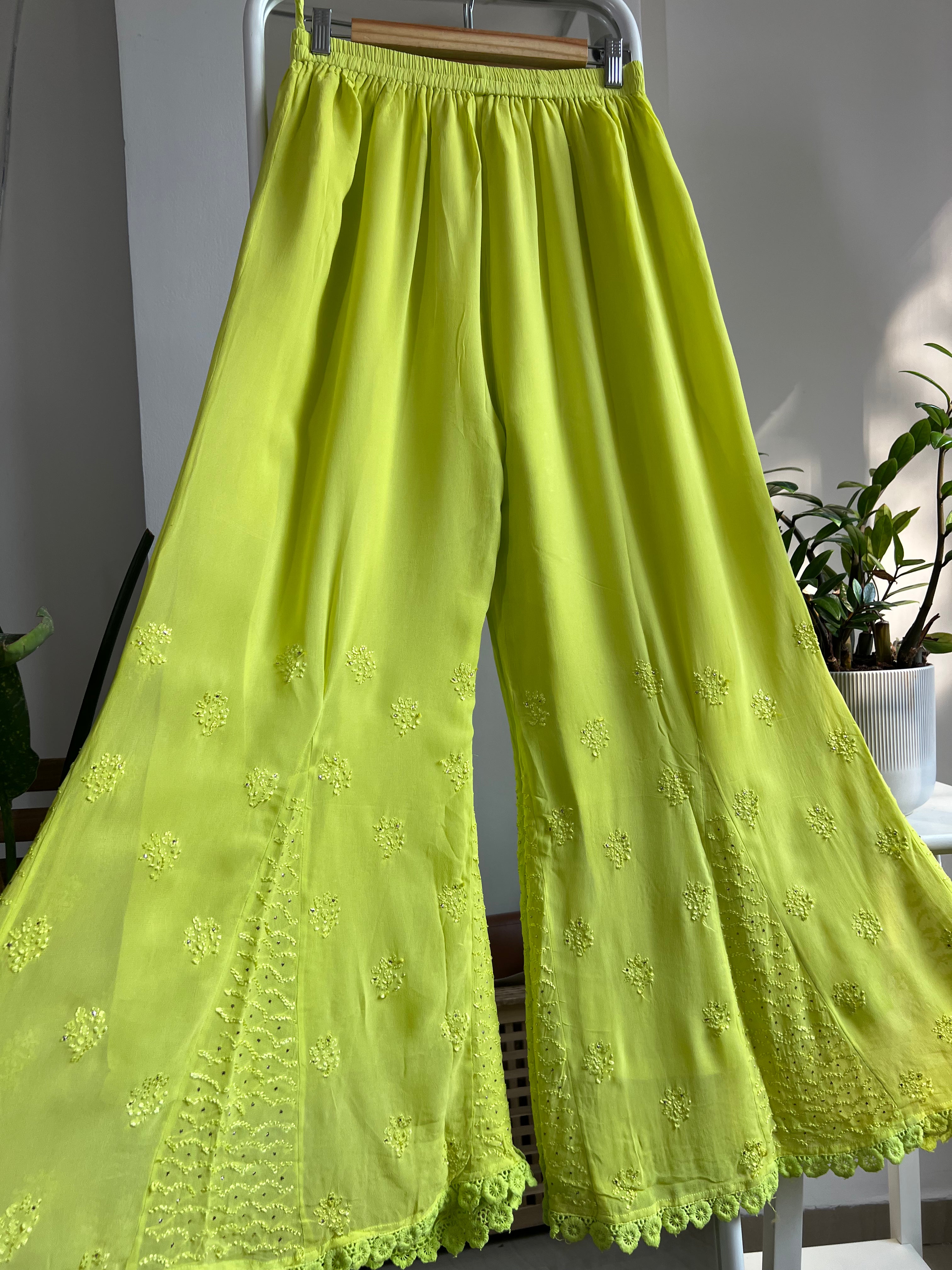 Chikankari Plazzo with mukaish - Flare - Neon yellow ARIAA CHIKANKARI