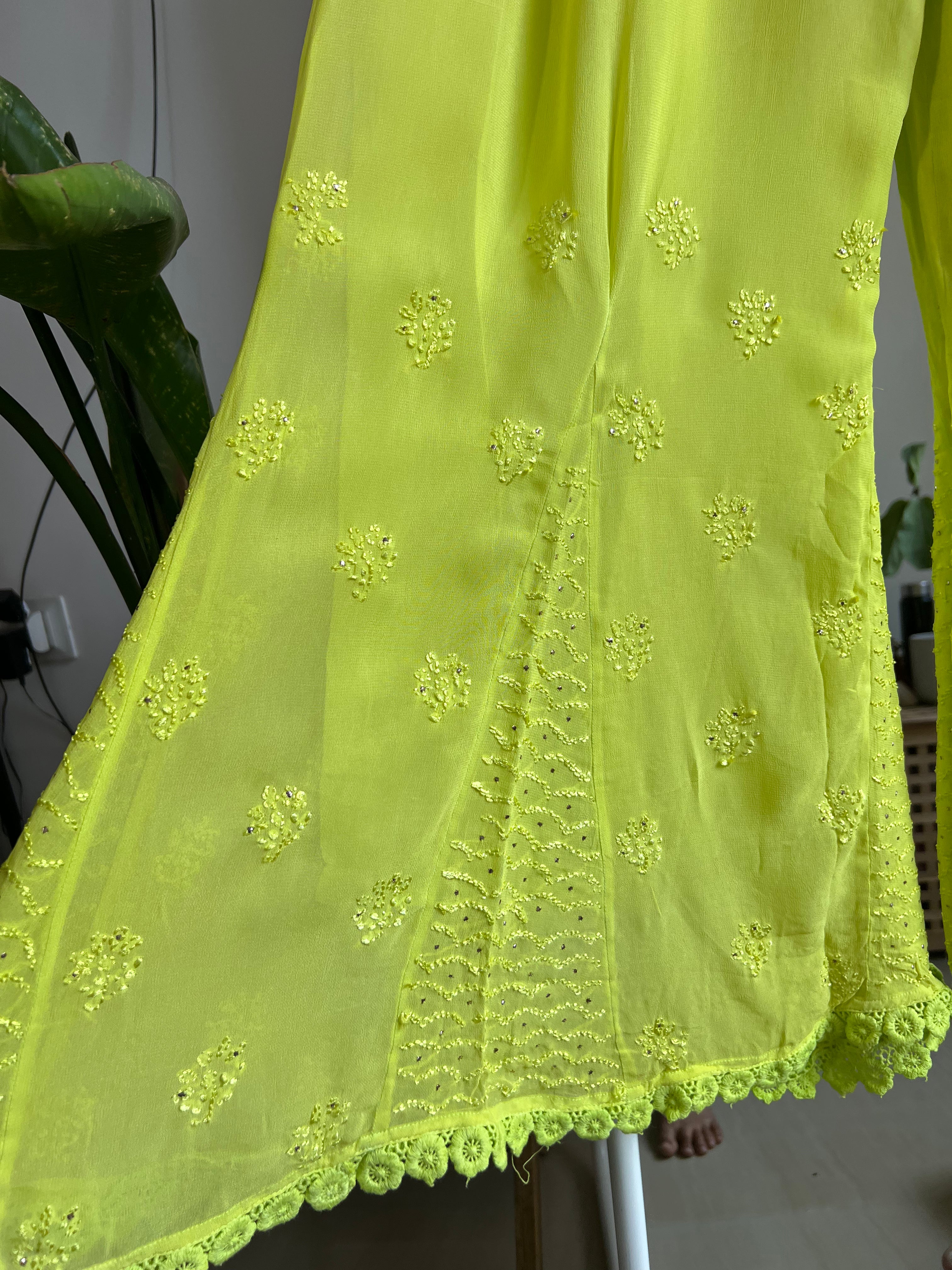 Chikankari Plazzo with mukaish - Flare - Neon yellow ARIAA CHIKANKARI