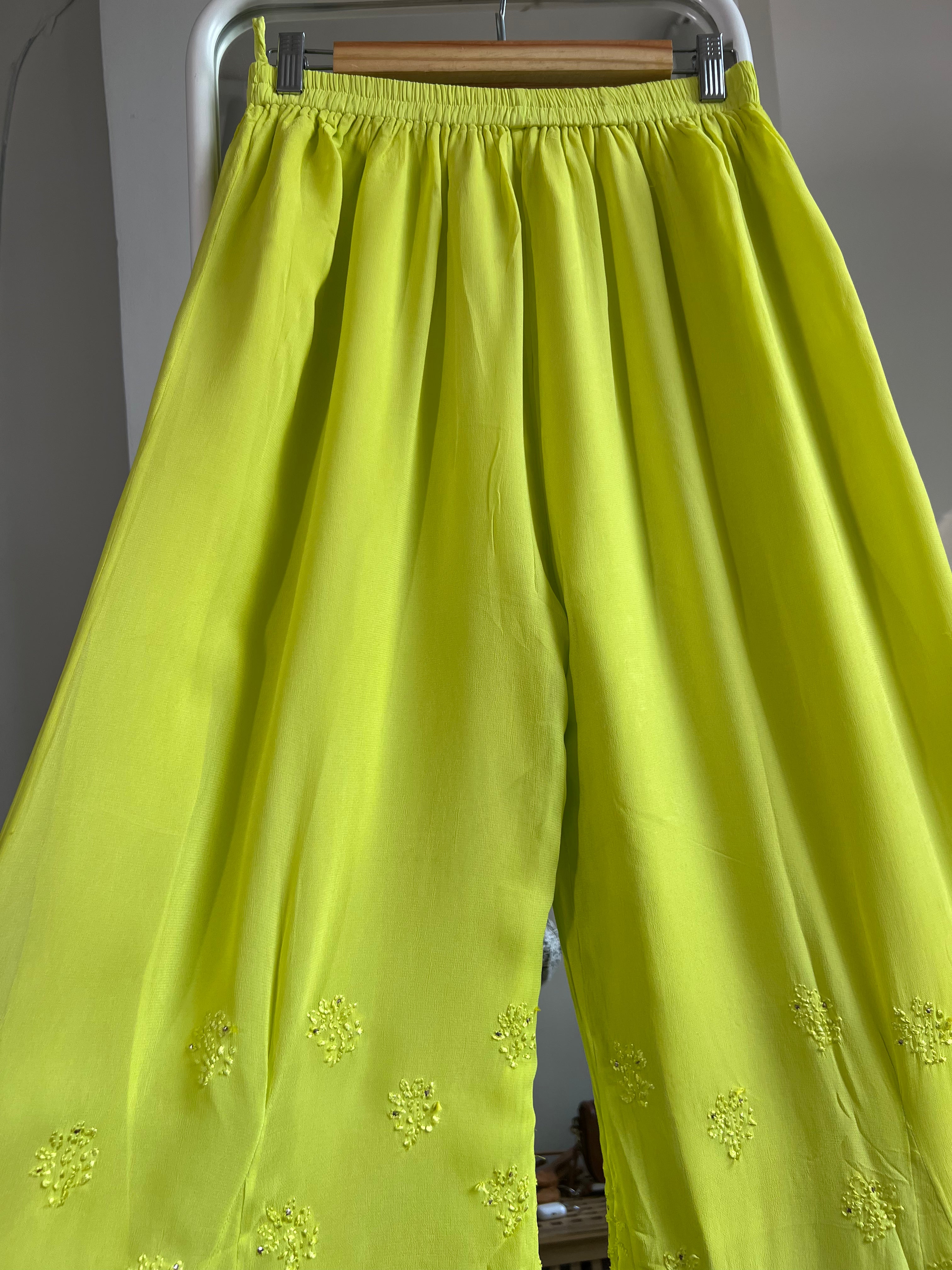 Chikankari Plazzo with mukaish - Flare - Neon yellow ARIAA CHIKANKARI