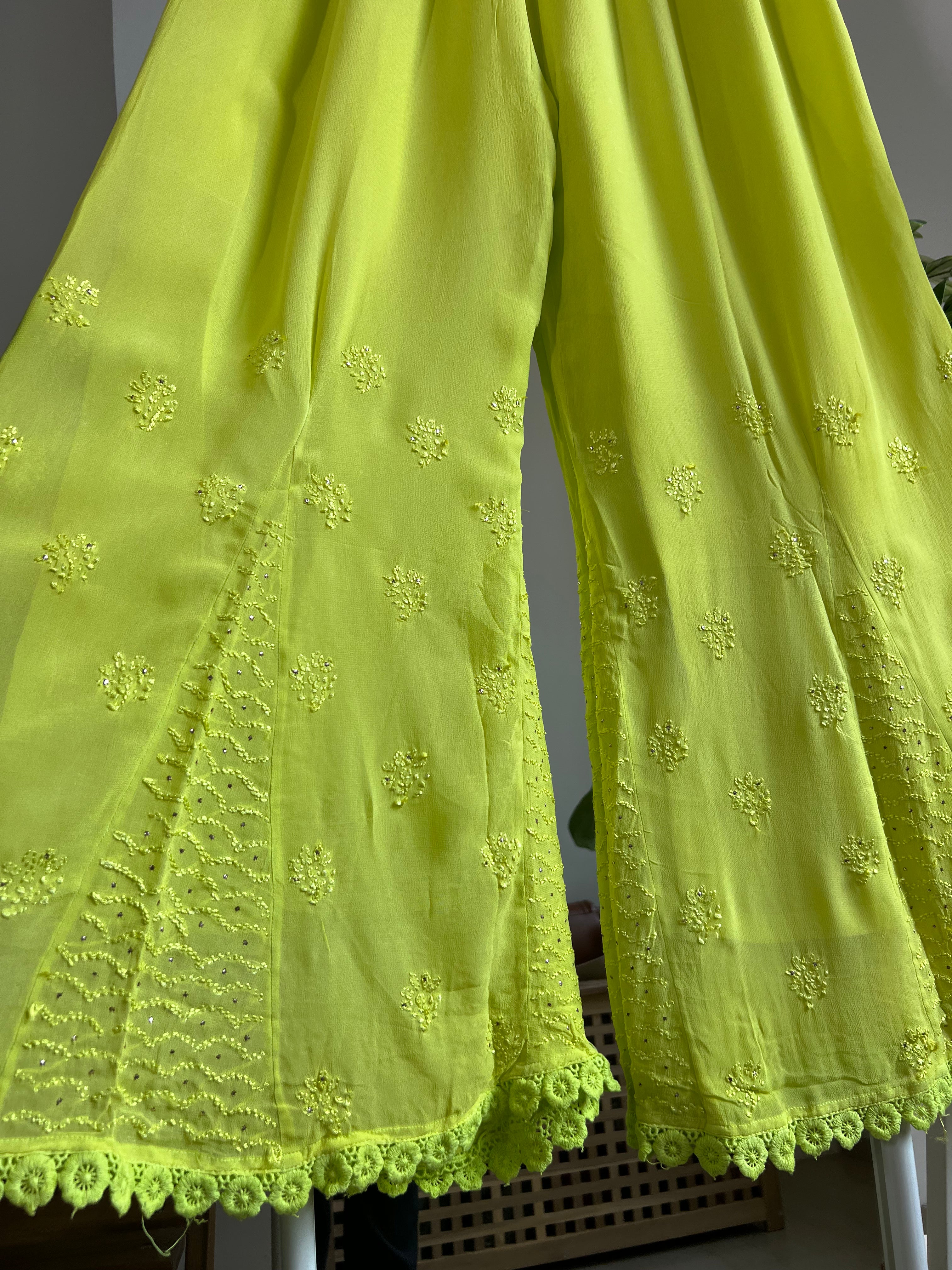 Chikankari Plazzo with mukaish - Flare - Neon yellow ARIAA CHIKANKARI