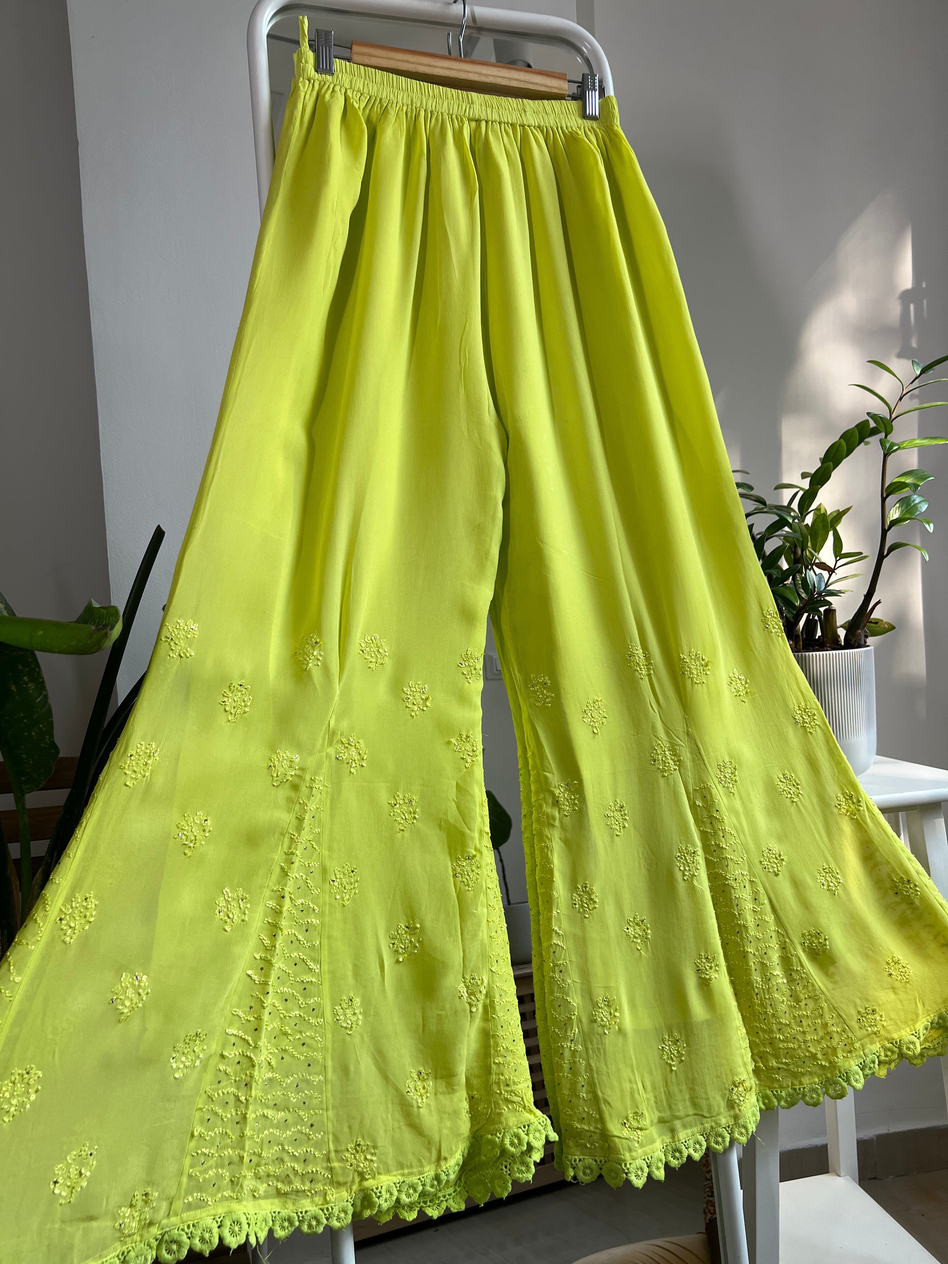 Chikankari Plazzo with mukaish - Flare - Neon yellow ARIAA CHIKANKARI