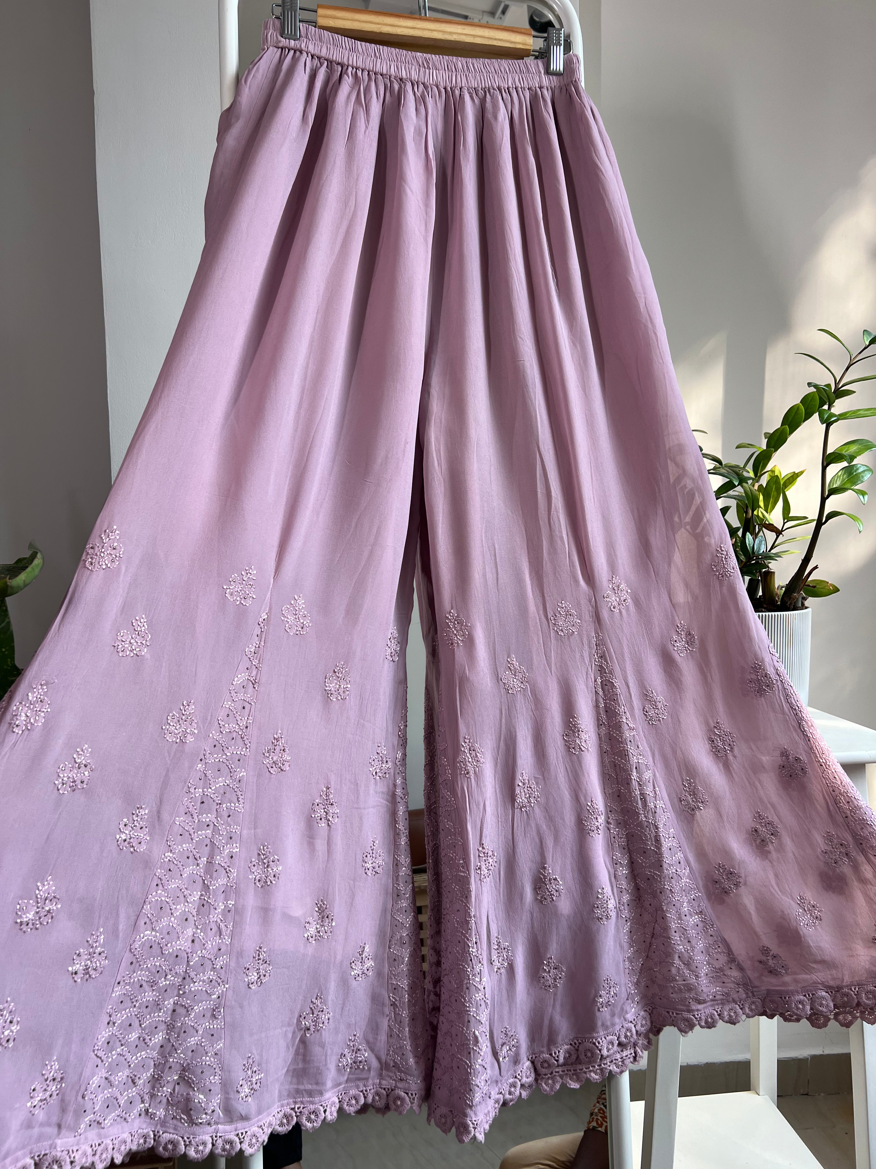 Chikankari Plazzo with mukaish - Flare - Onion Pink ARIAA CHIKANKARI