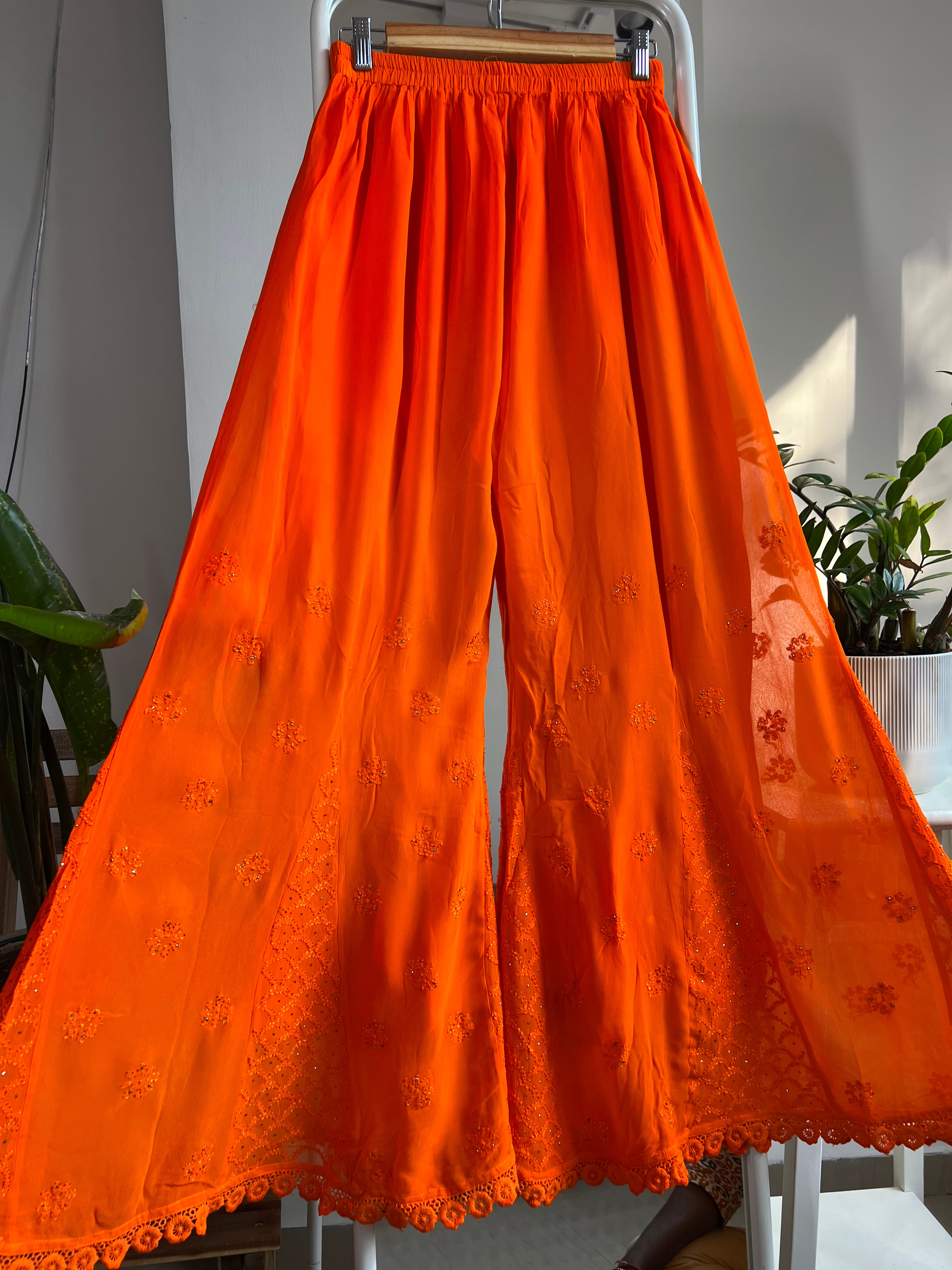 Chikankari Plazzo with mukaish - Flare - Orange ARIAA CHIKANKARI