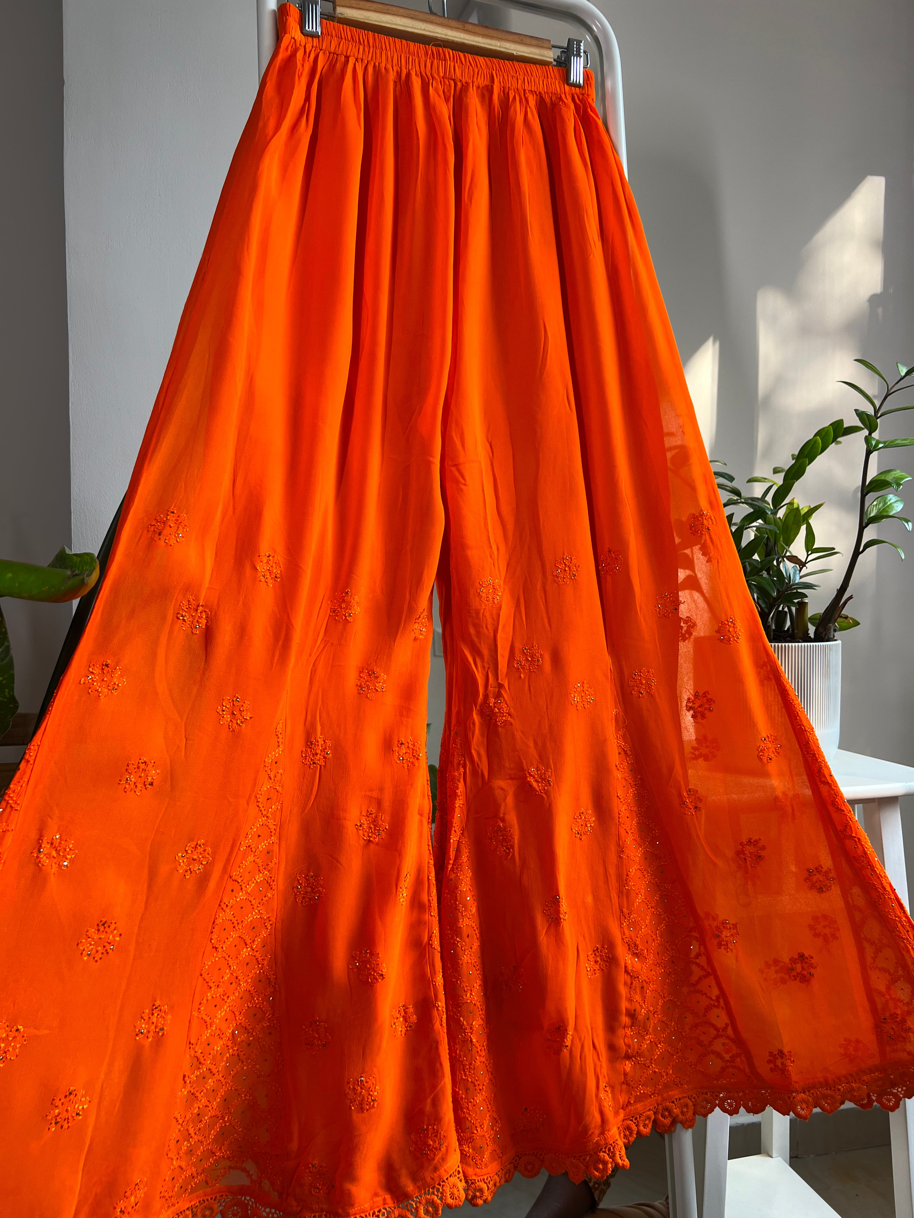 Chikankari Plazzo with mukaish - Flare - Orange ARIAA CHIKANKARI