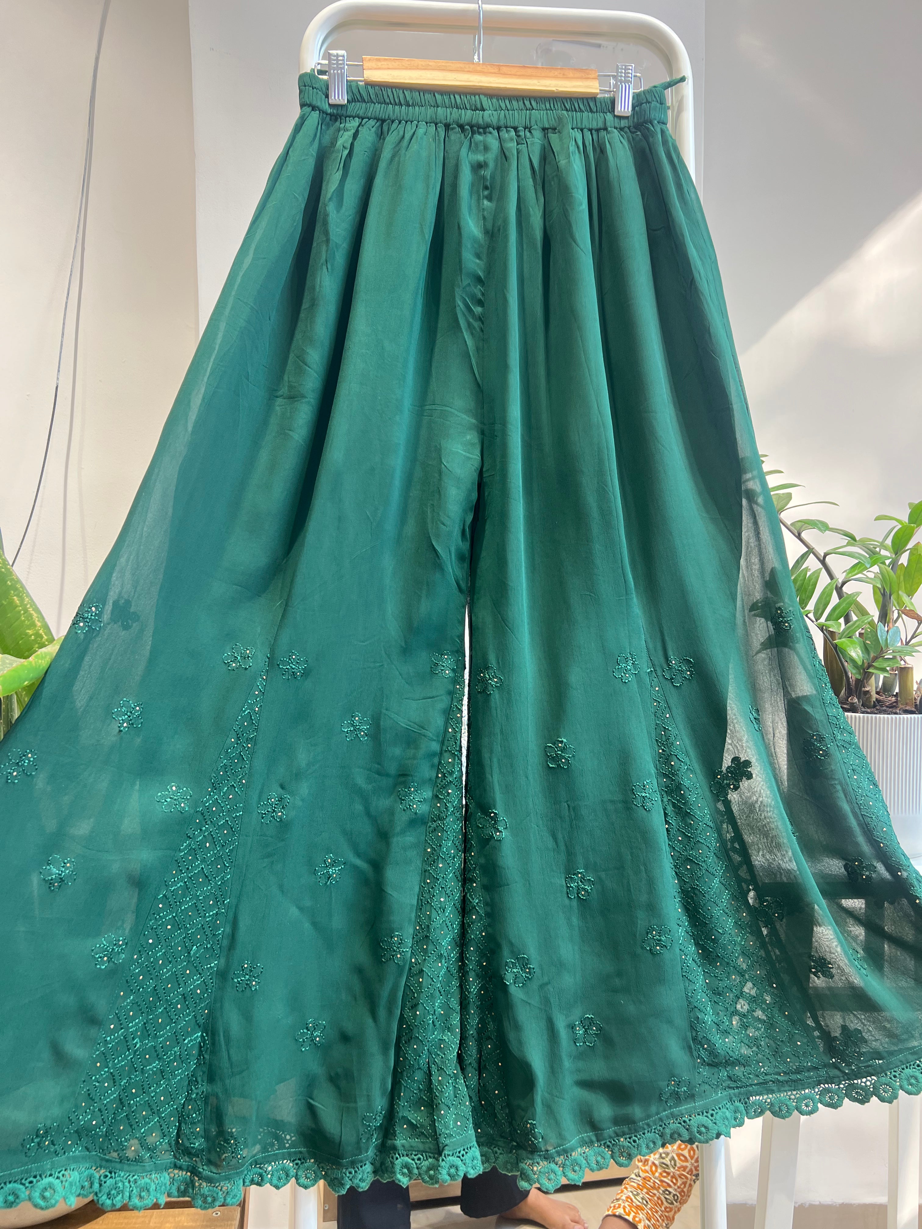 Chikankari Plazzo with mukaish - Flare - Pine Green ARIAA CHIKANKARI