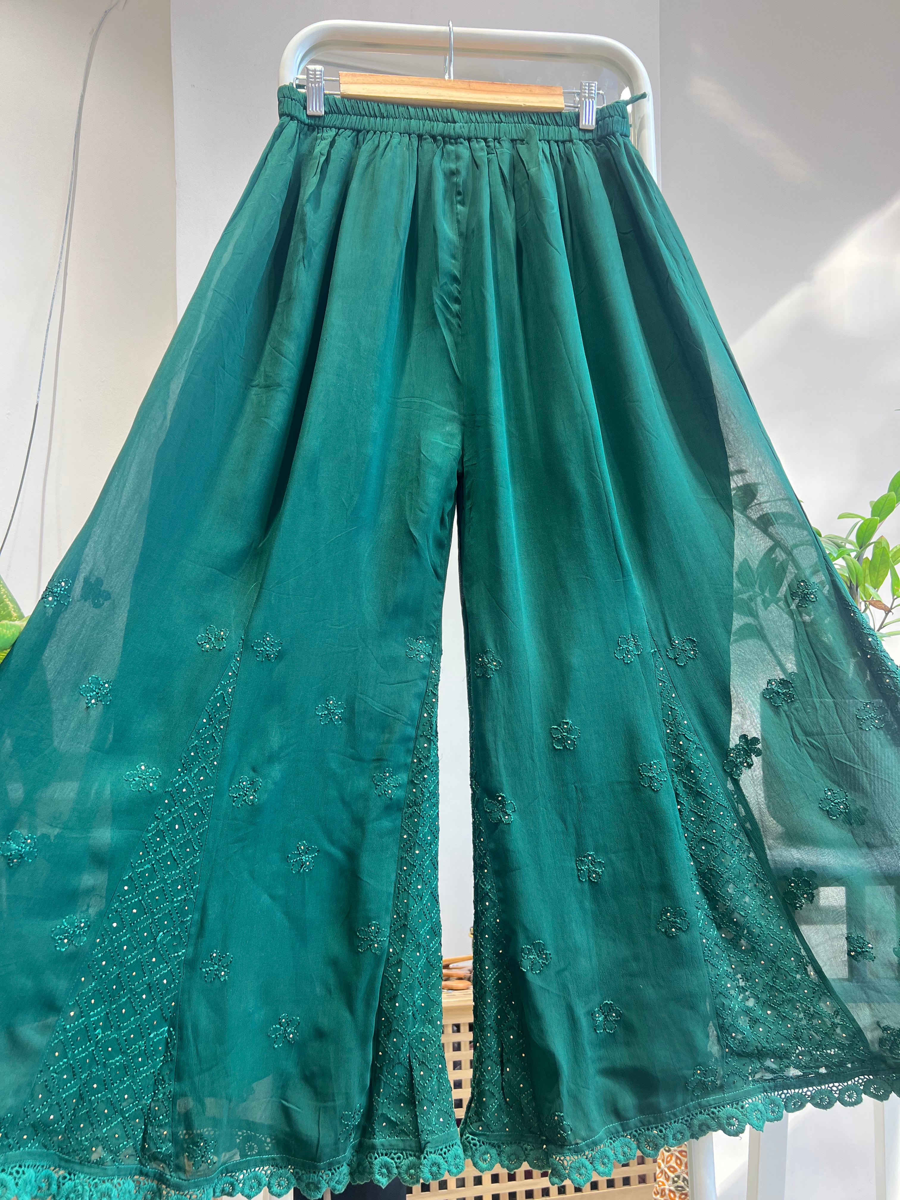 Chikankari Plazzo with mukaish - Flare - Pine Green ARIAA CHIKANKARI
