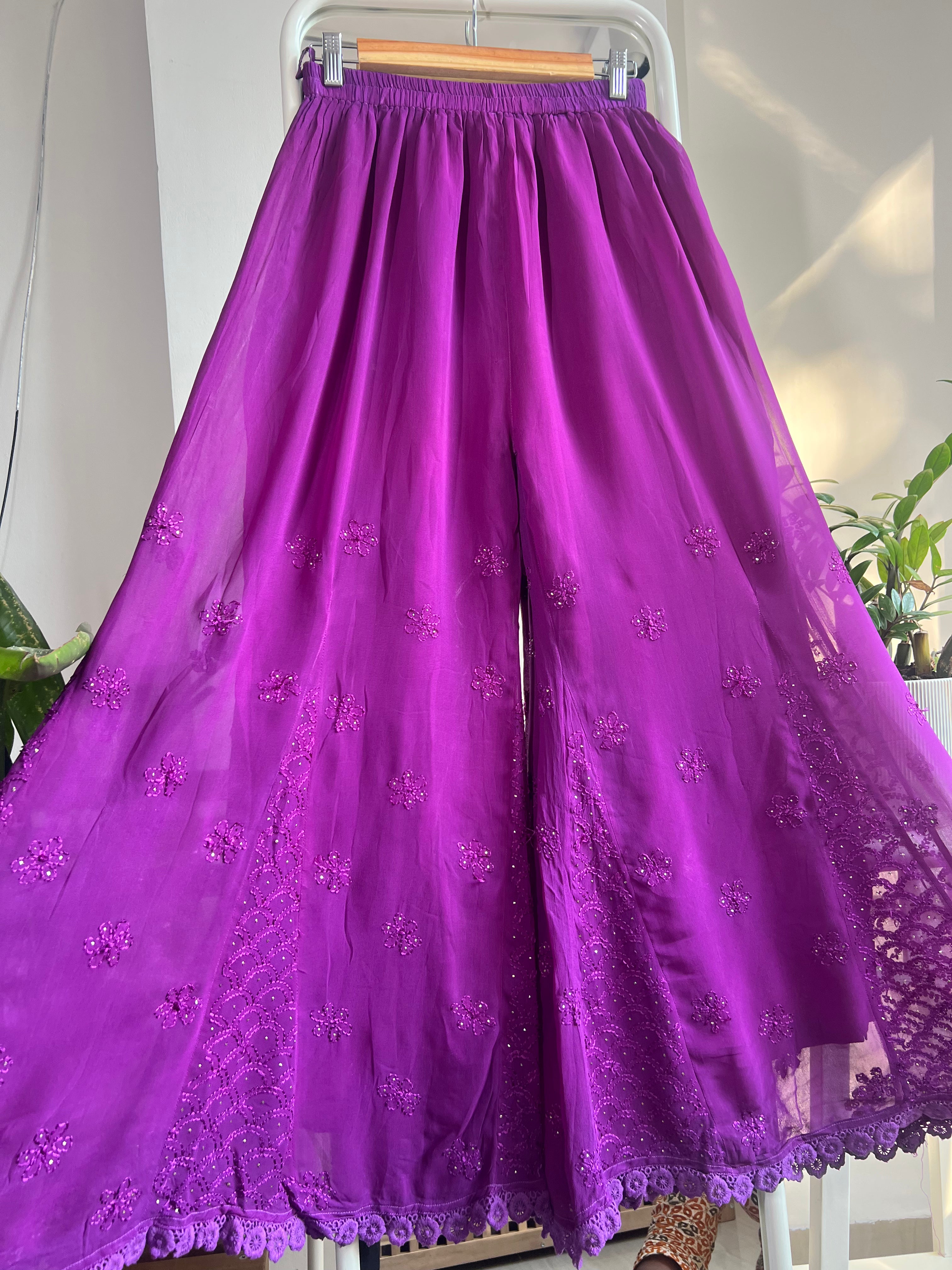 Chikankari Plazzo with mukaish - Flare - Purple ARIAA CHIKANKARI