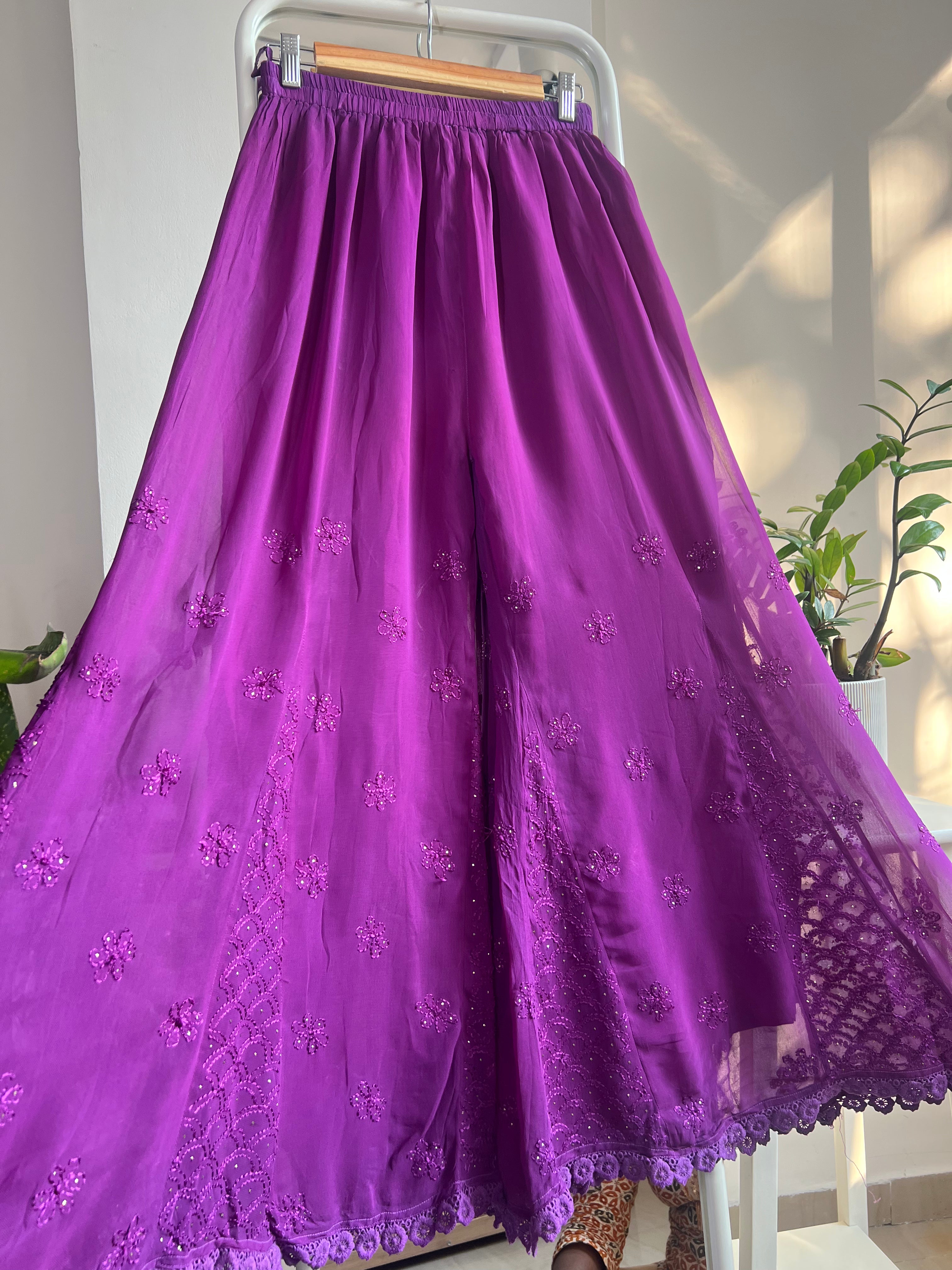 Chikankari Plazzo with mukaish - Flare - Purple ARIAA CHIKANKARI