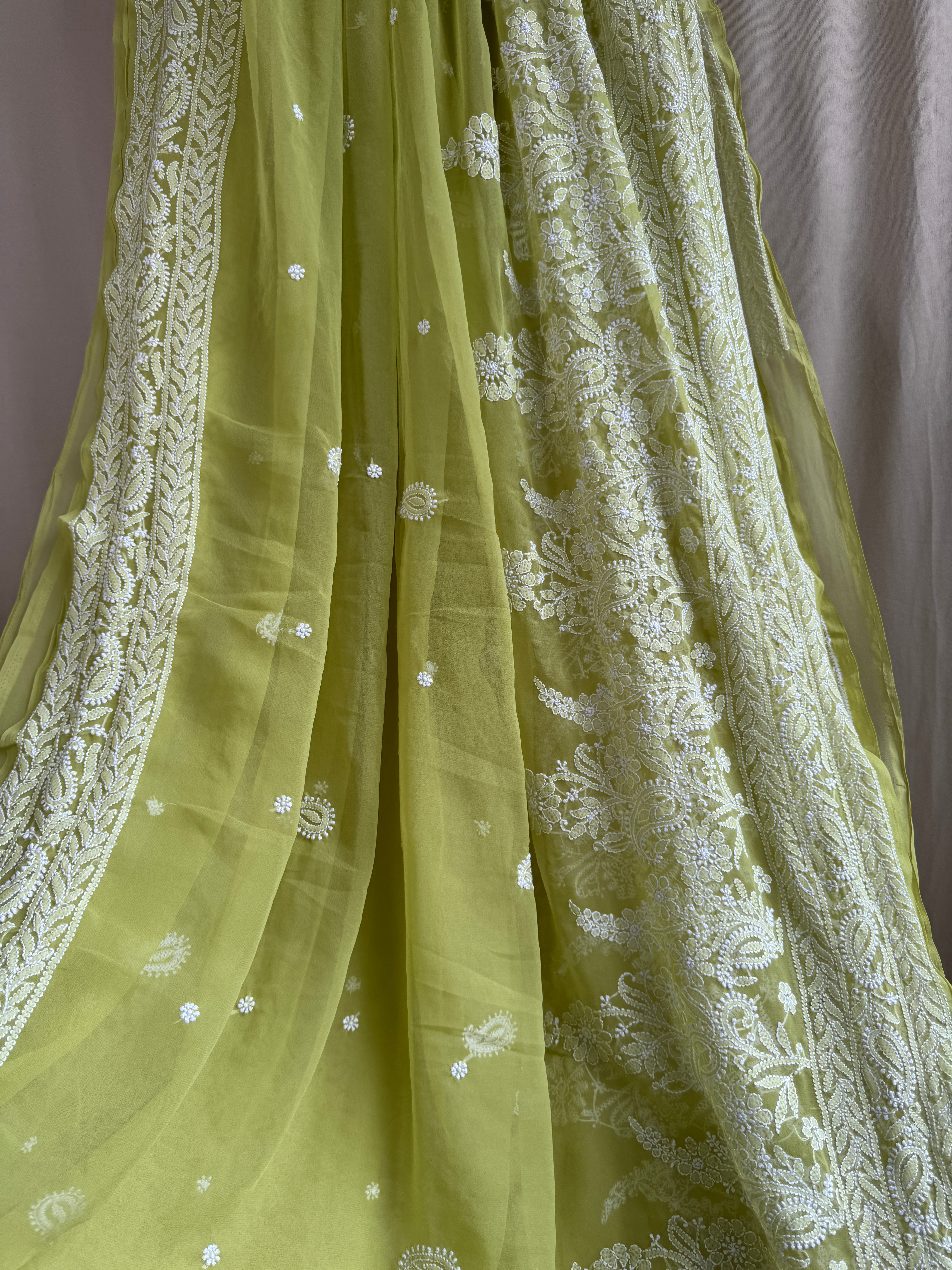 Georgette Chikankari saree in Green ARIAA CHIKANKARI