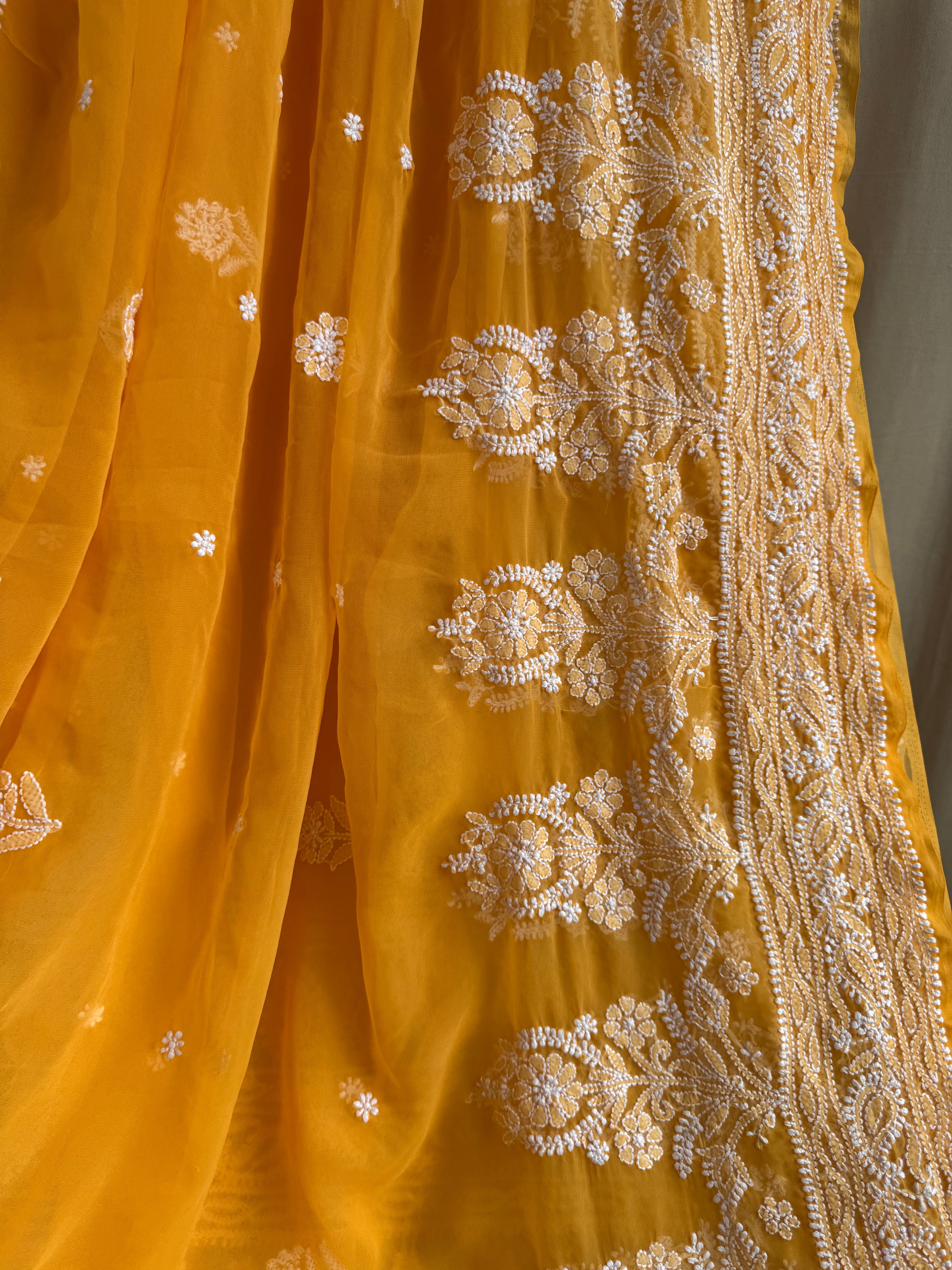 Georgette Chikankari saree in Orange ARIAA CHIKANKARI
