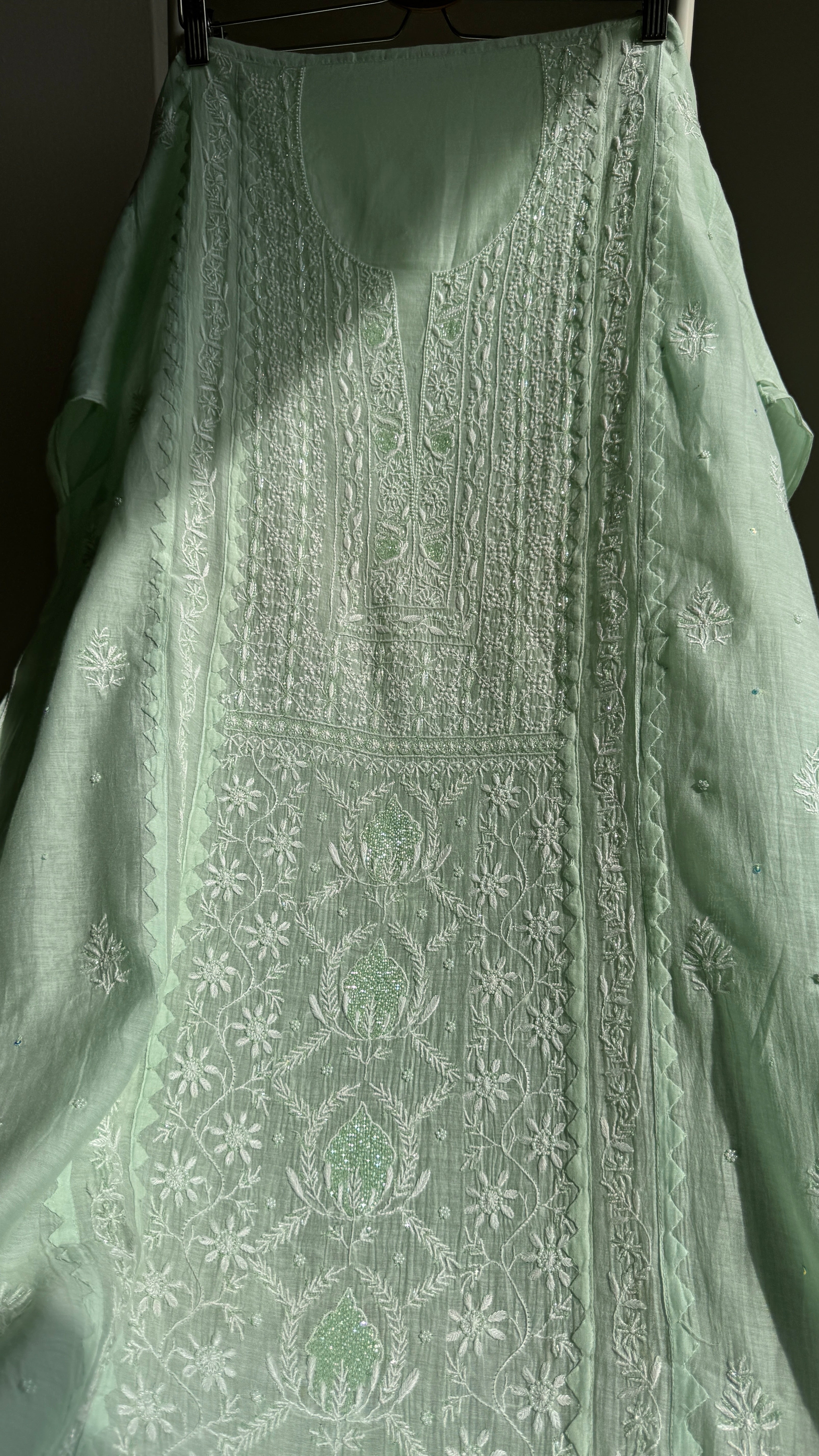 Mul Chanderi Straight Chikankari Tunic - Green