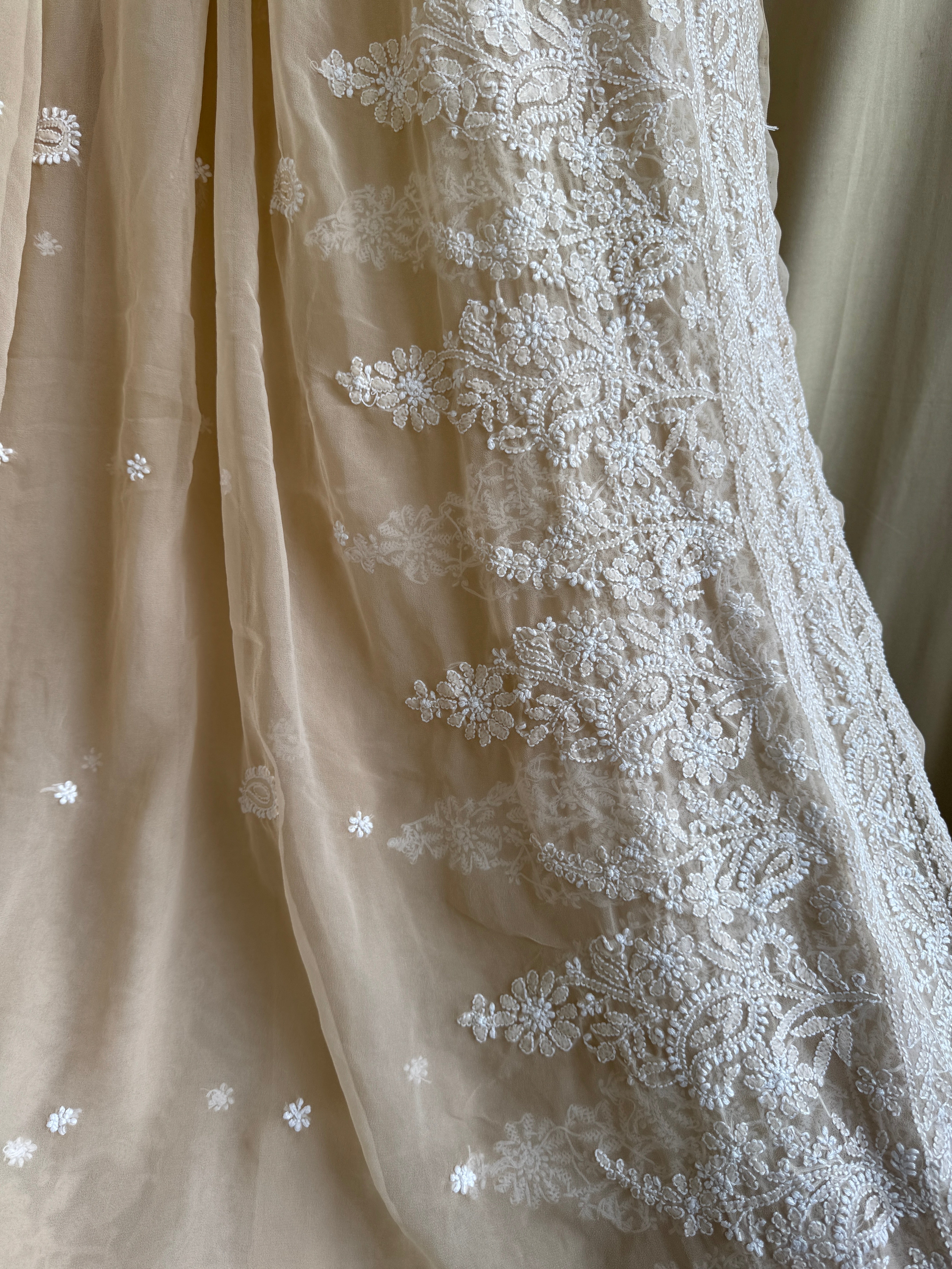 Georgette Chikankari saree in Fawn ARIAA CHIKANKARI