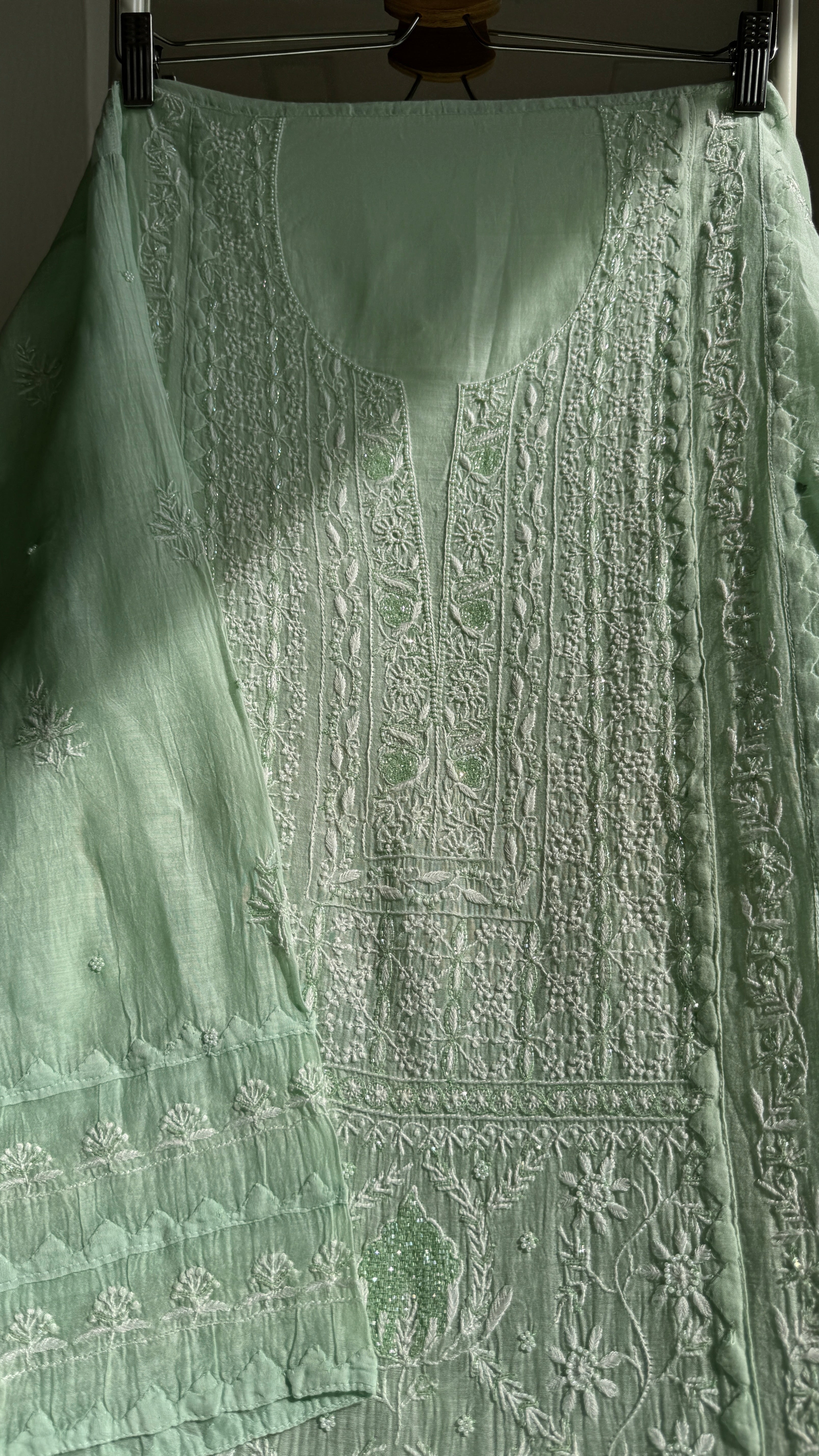 Mul Chanderi Straight Chikankari Tunic - Green