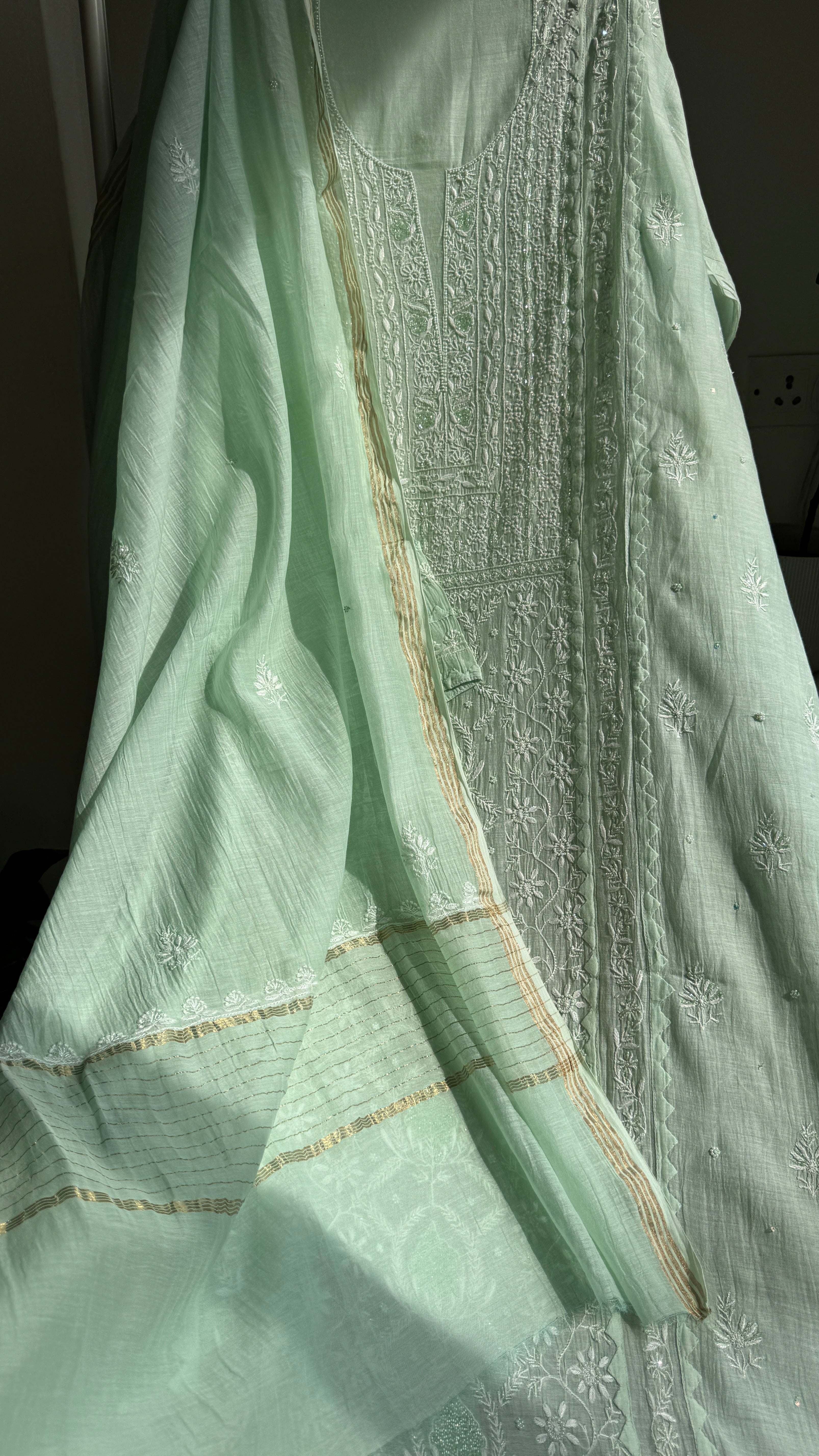 Mul Chanderi Straight Chikankari Tunic - Green