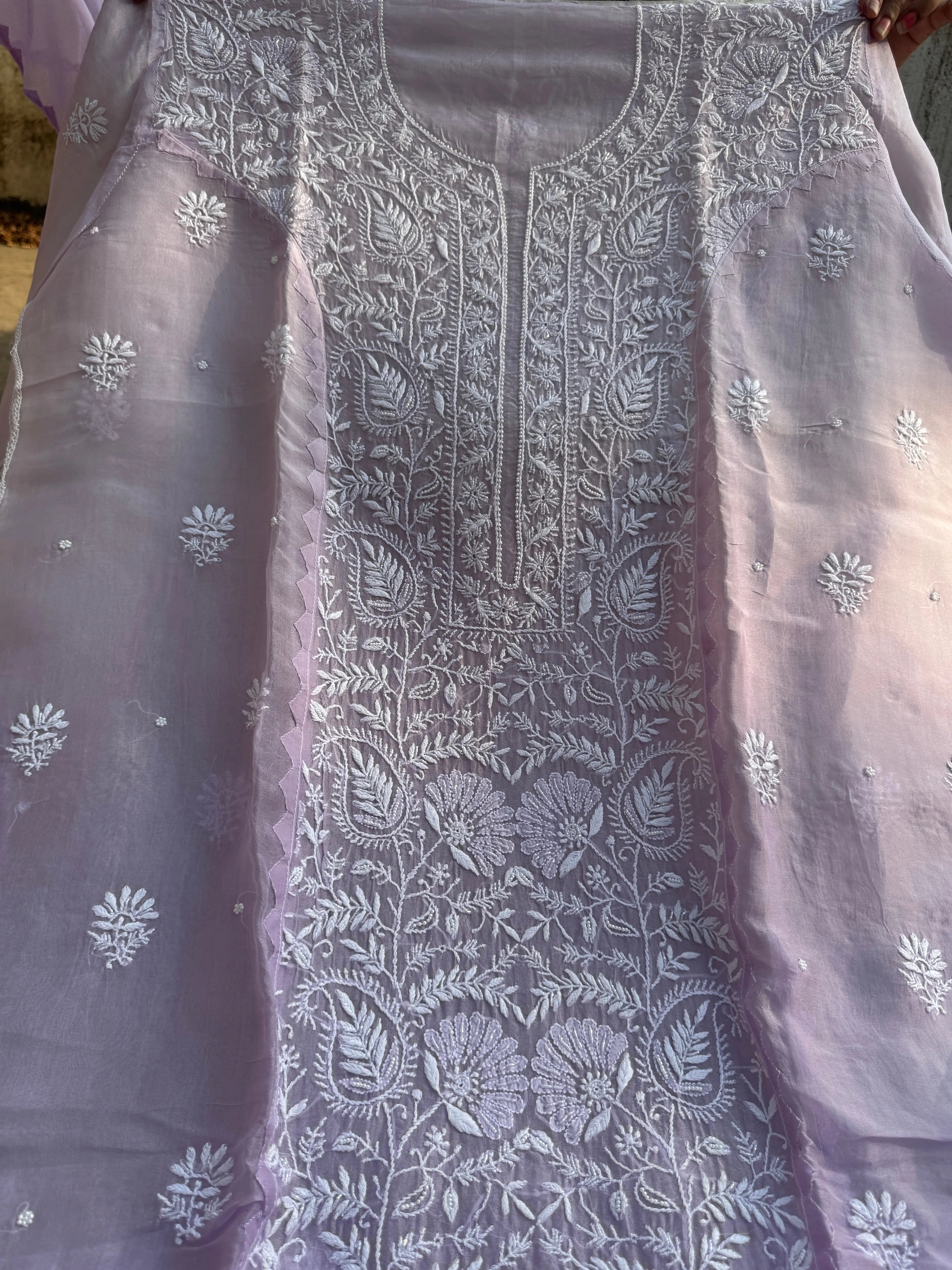 Organza Chikankari Length with Dupatta (Pearl Work) - Lilac Ombre ARIAA CHIKANKARI