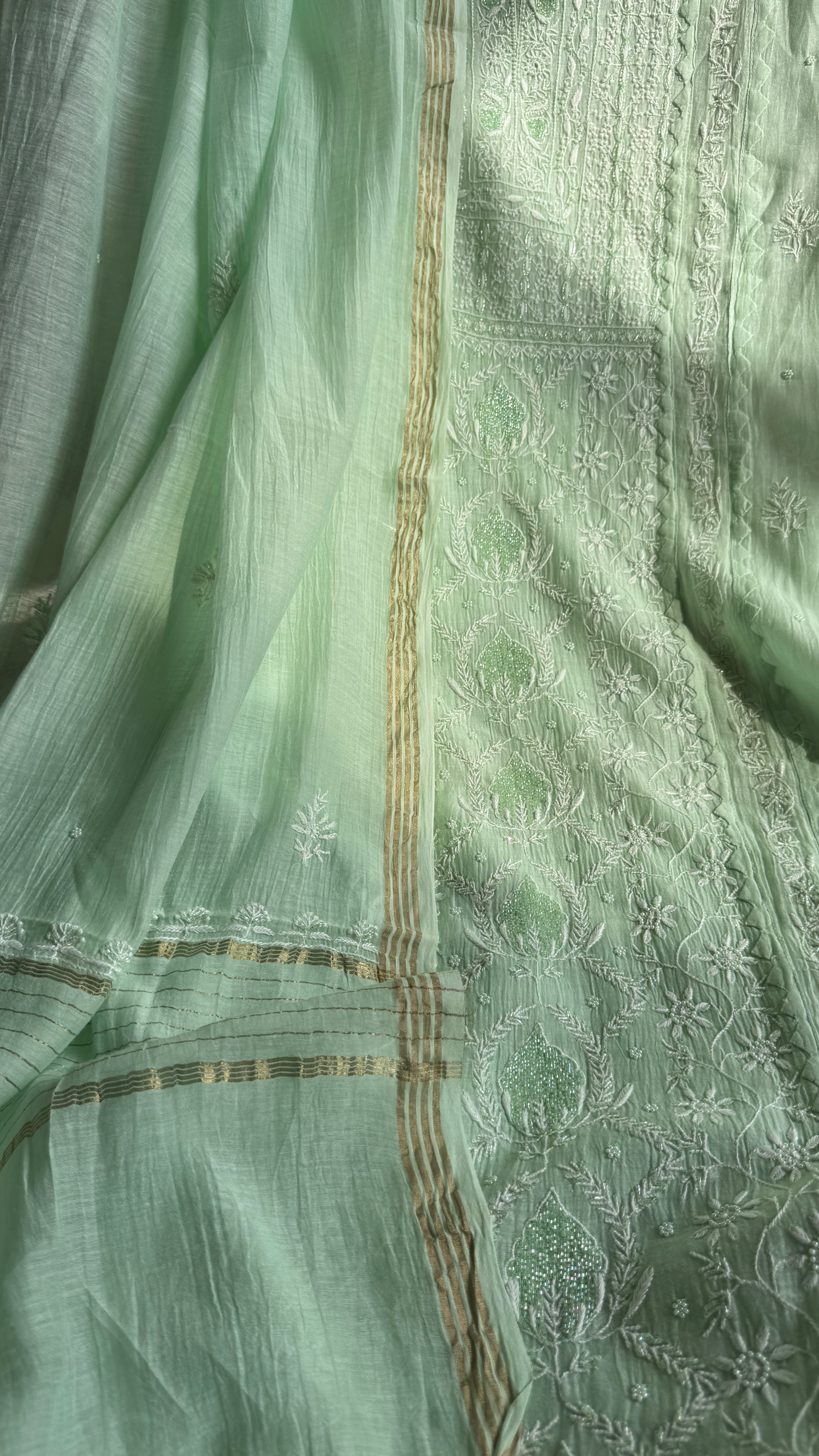Mul Chanderi Straight Chikankari Tunic - Green