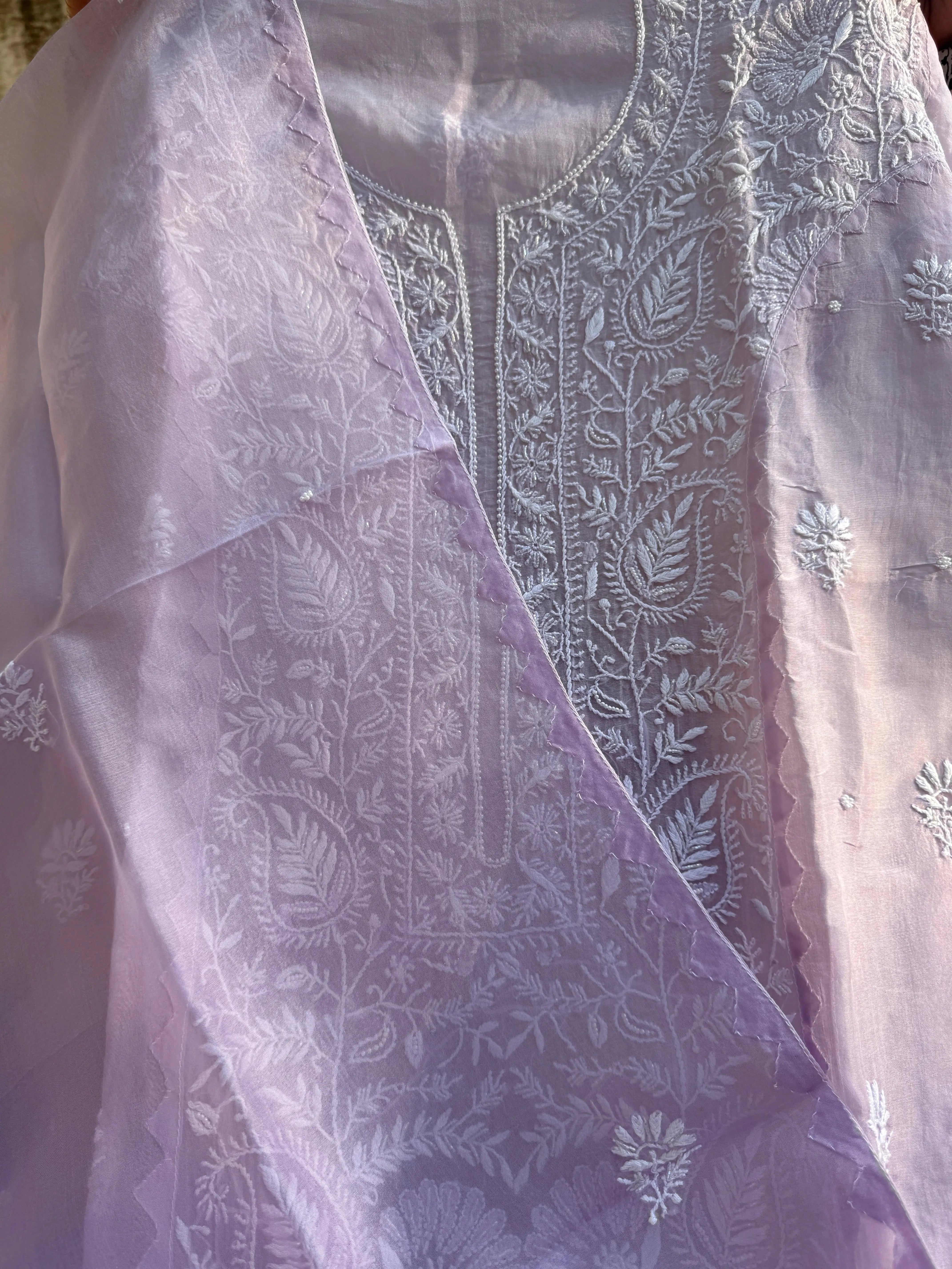 Organza Chikankari Length with Dupatta (Pearl Work) - Lilac Ombre ARIAA CHIKANKARI