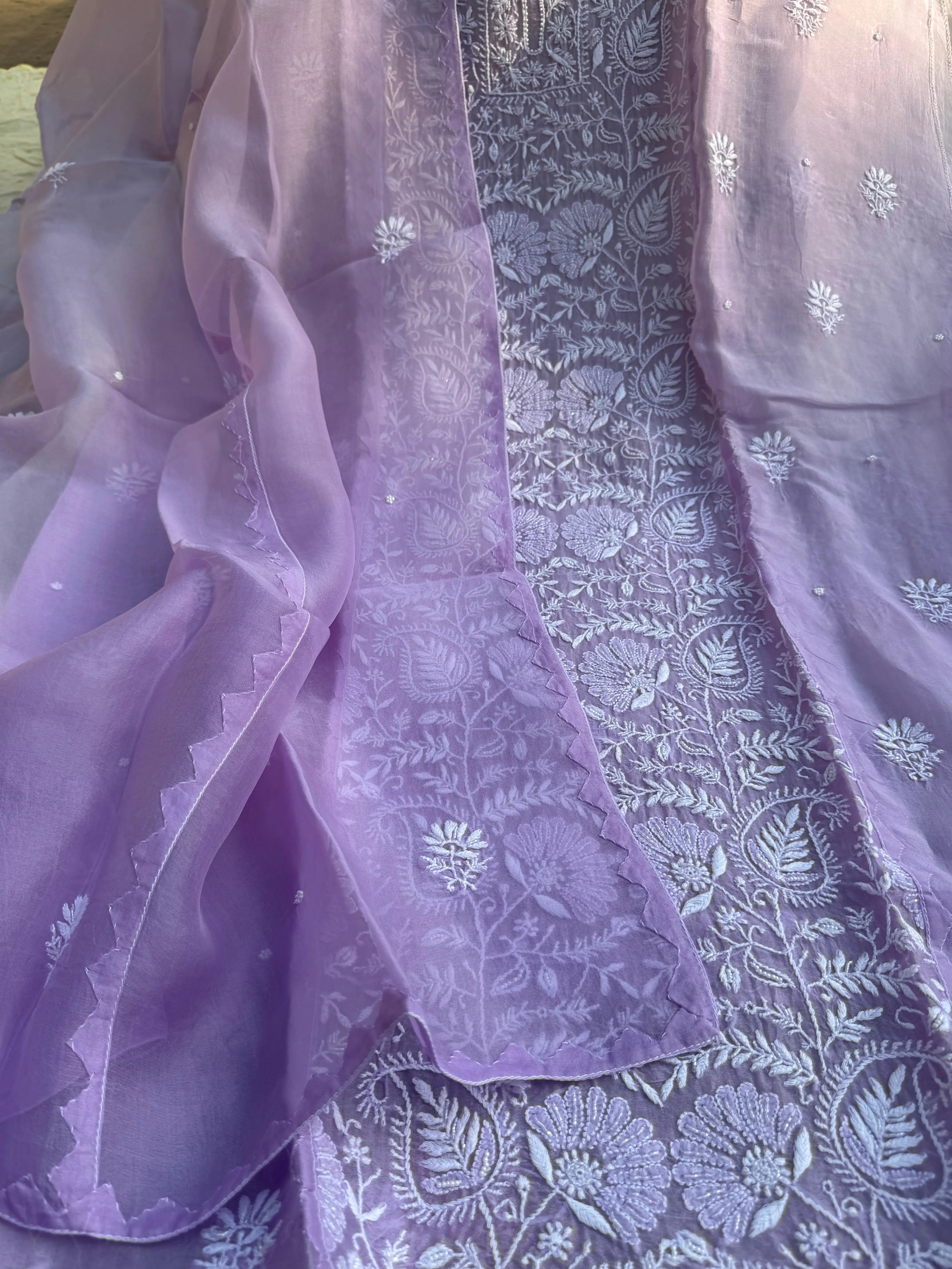 Organza Chikankari Length with Dupatta (Pearl Work) - Lilac Ombre ARIAA CHIKANKARI