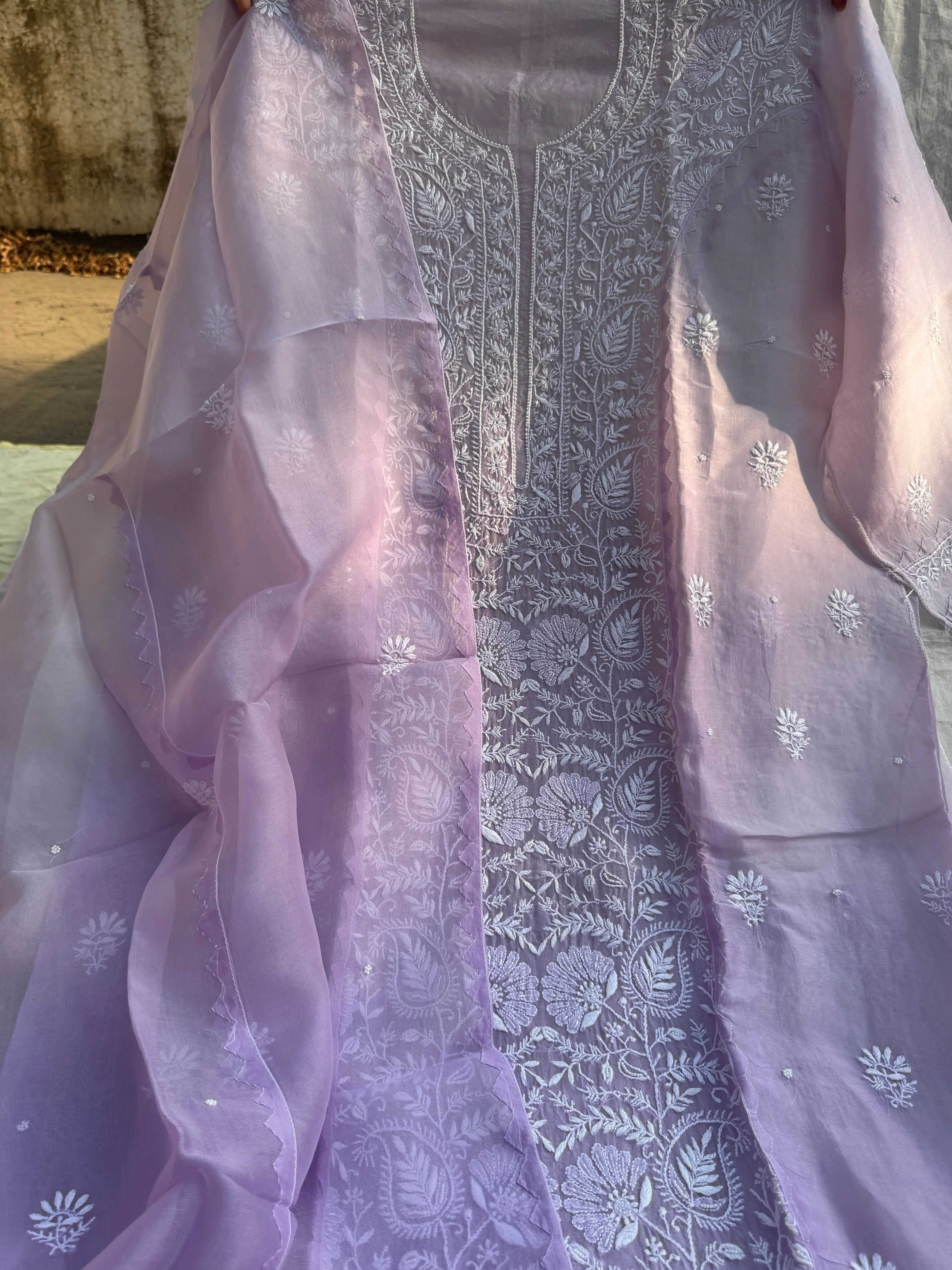 Organza Chikankari Length with Dupatta (Pearl Work) - Lilac Ombre ARIAA CHIKANKARI