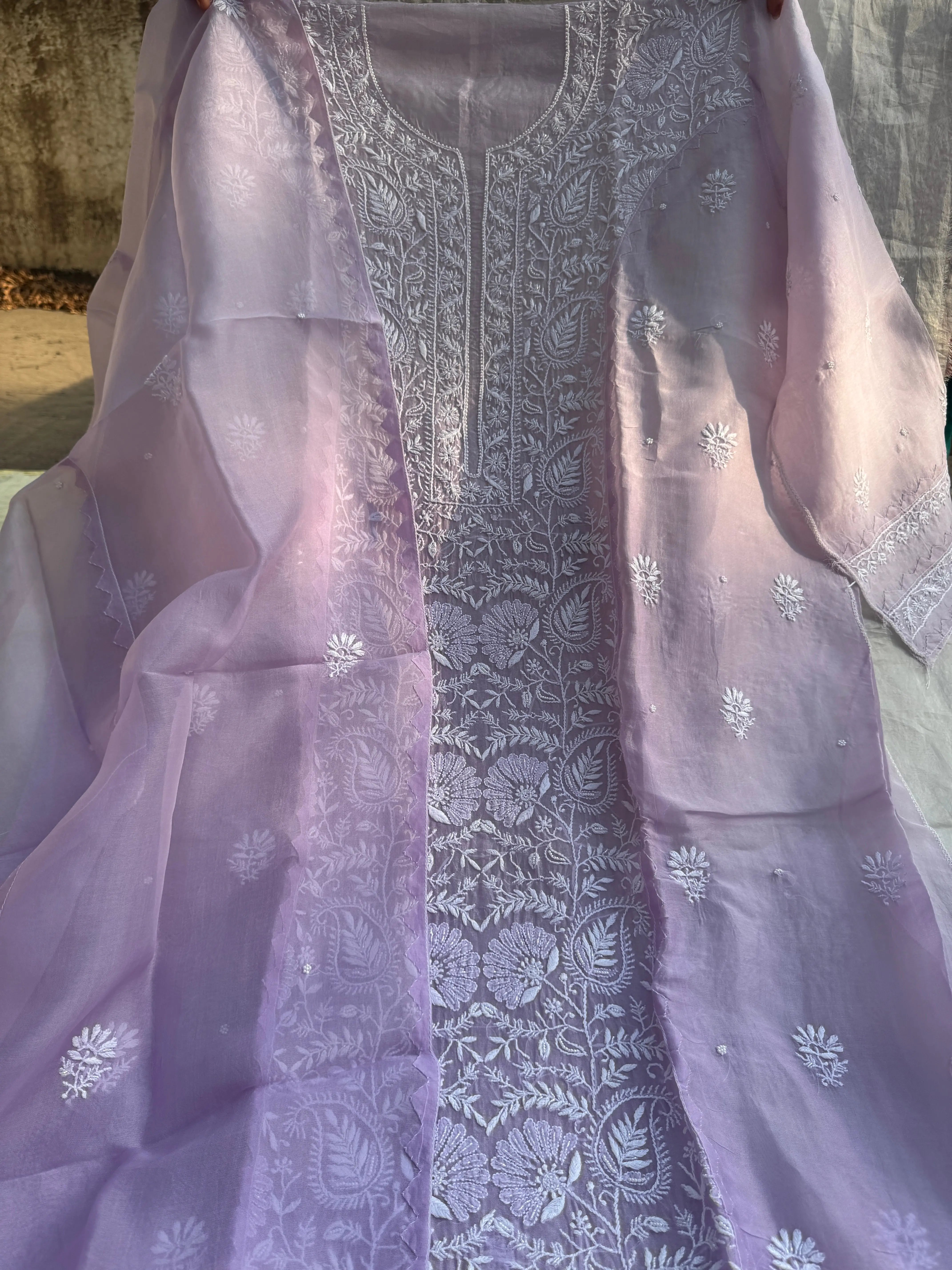 Organza Chikankari Length with Dupatta (Pearl Work) - Lilac Ombre ARIAA CHIKANKARI