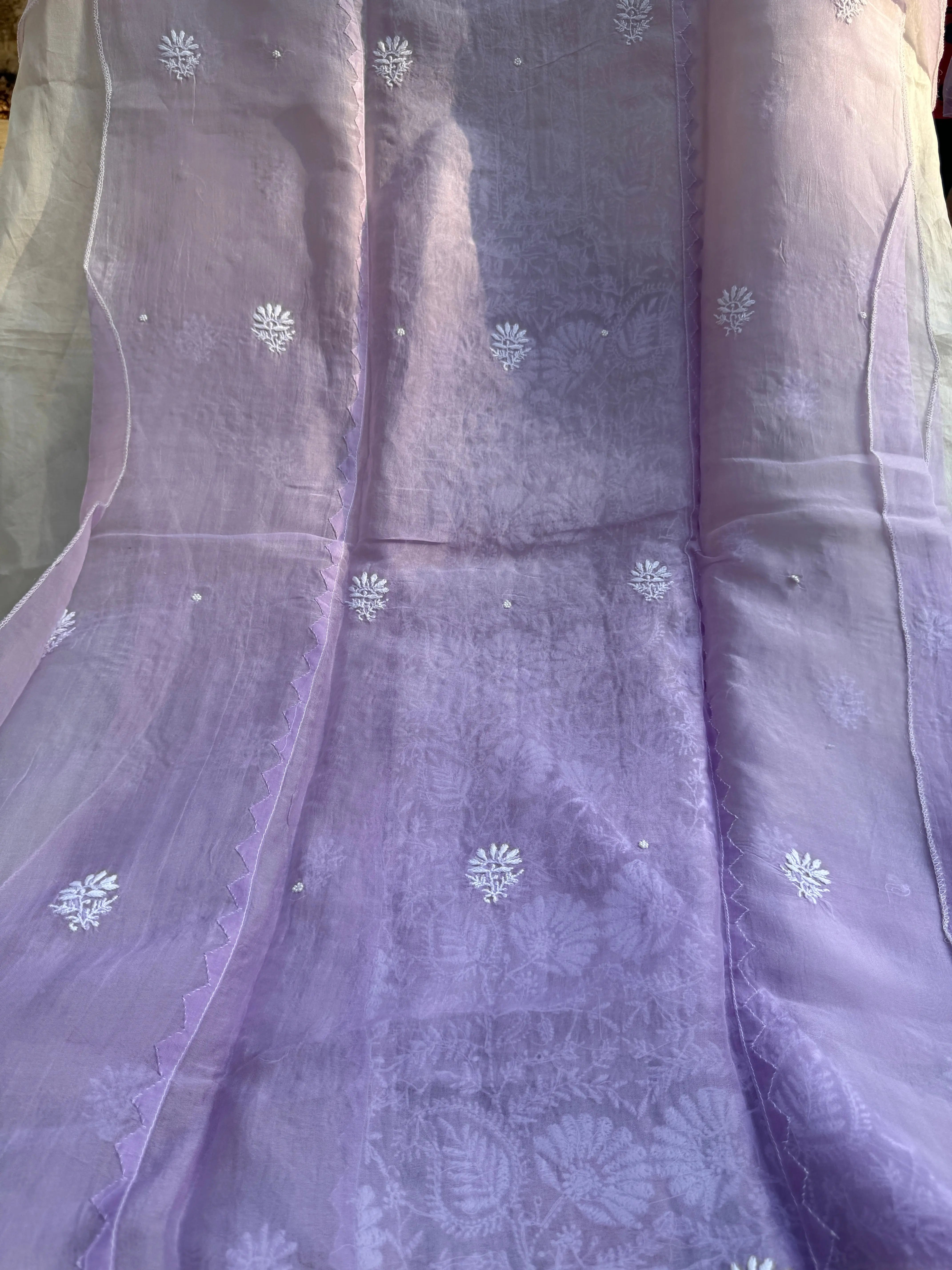 Organza Chikankari Length with Dupatta (Pearl Work) - Lilac Ombre ARIAA CHIKANKARI