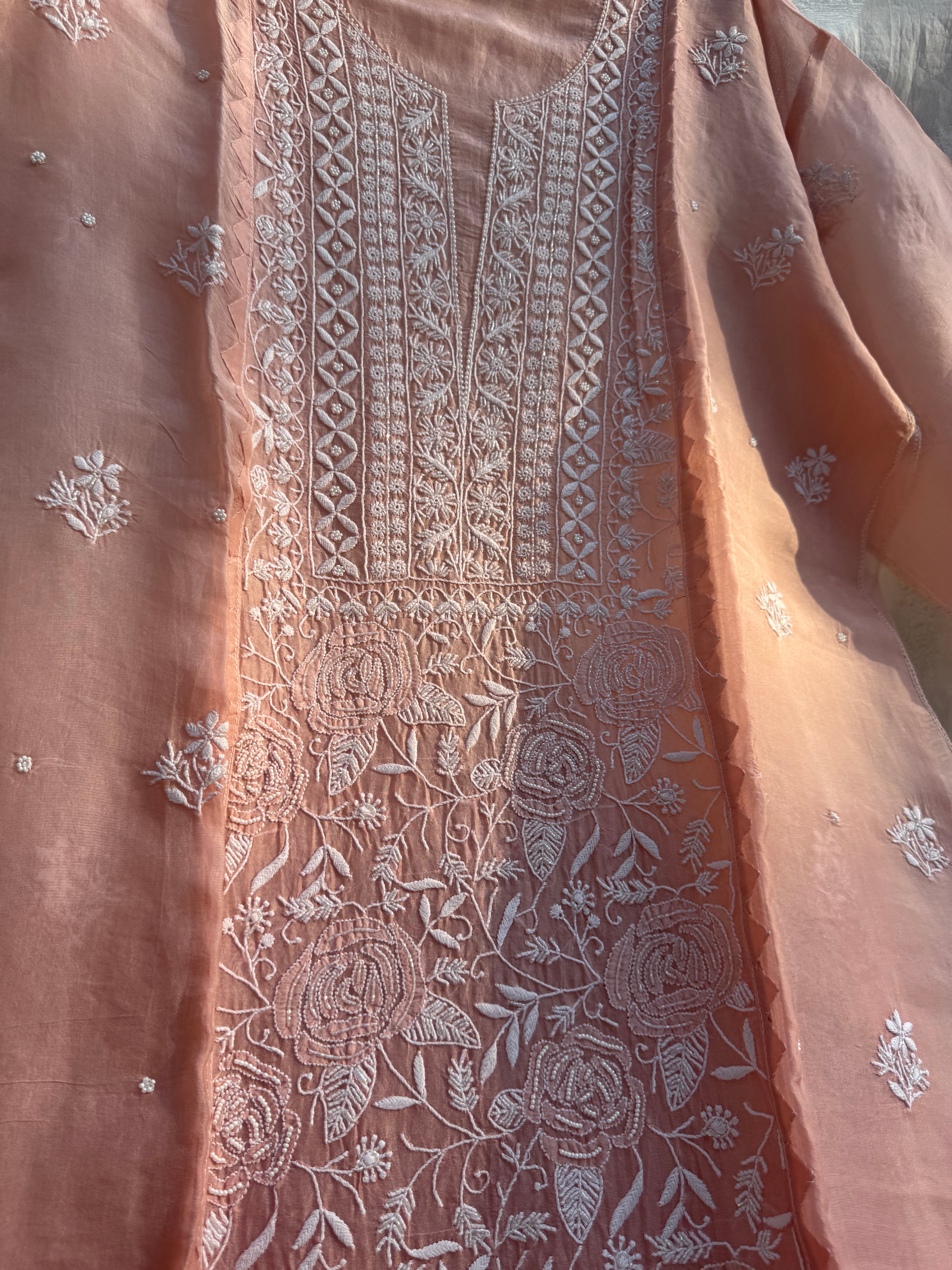 Organza Chikankari Length with Dupatta (Pearl Work) - Rosewood Ombre