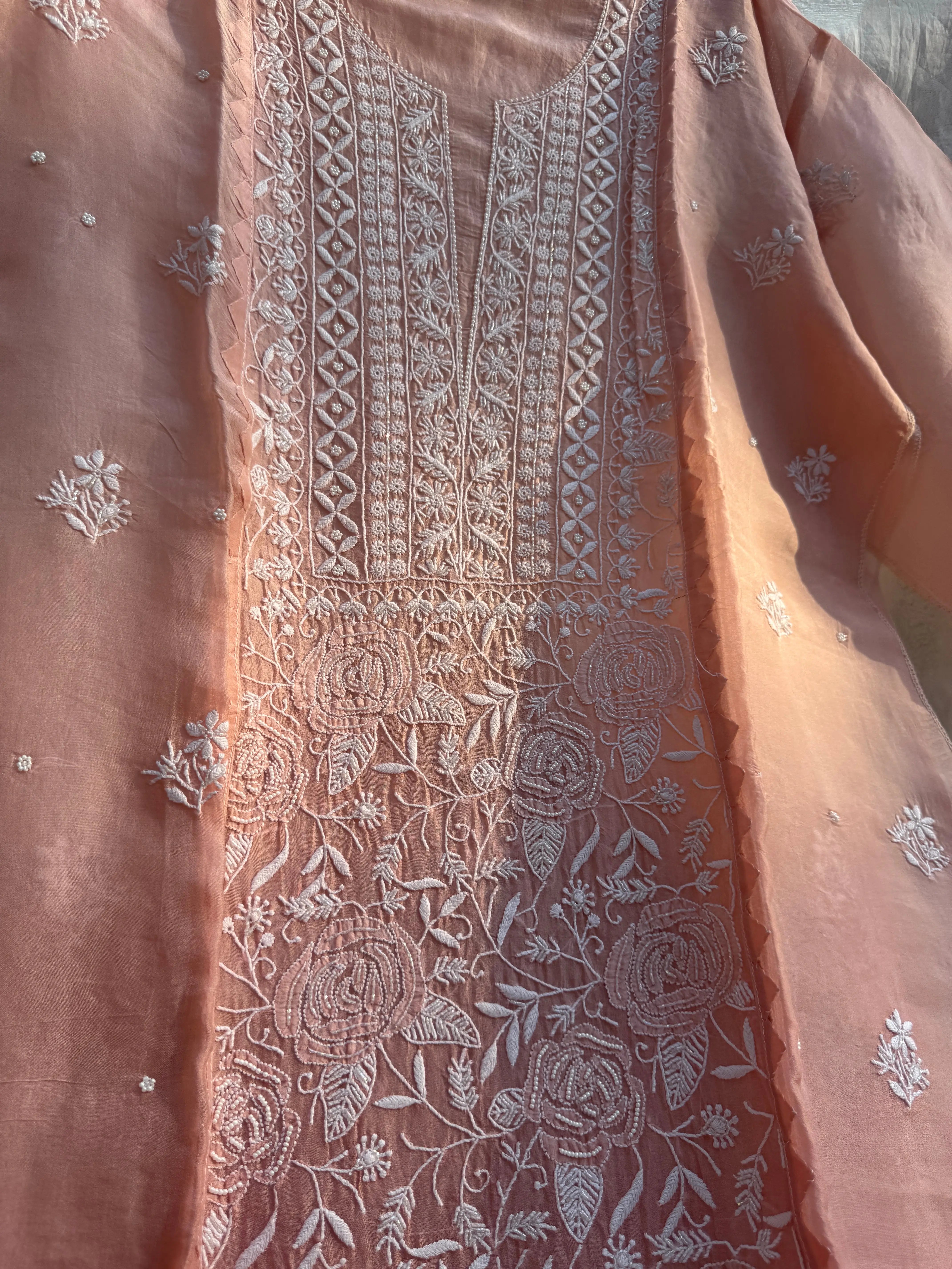 Organza Chikankari Length with Dupatta (Pearl Work) - Rosewood Ombre ARIAA CHIKANKARI