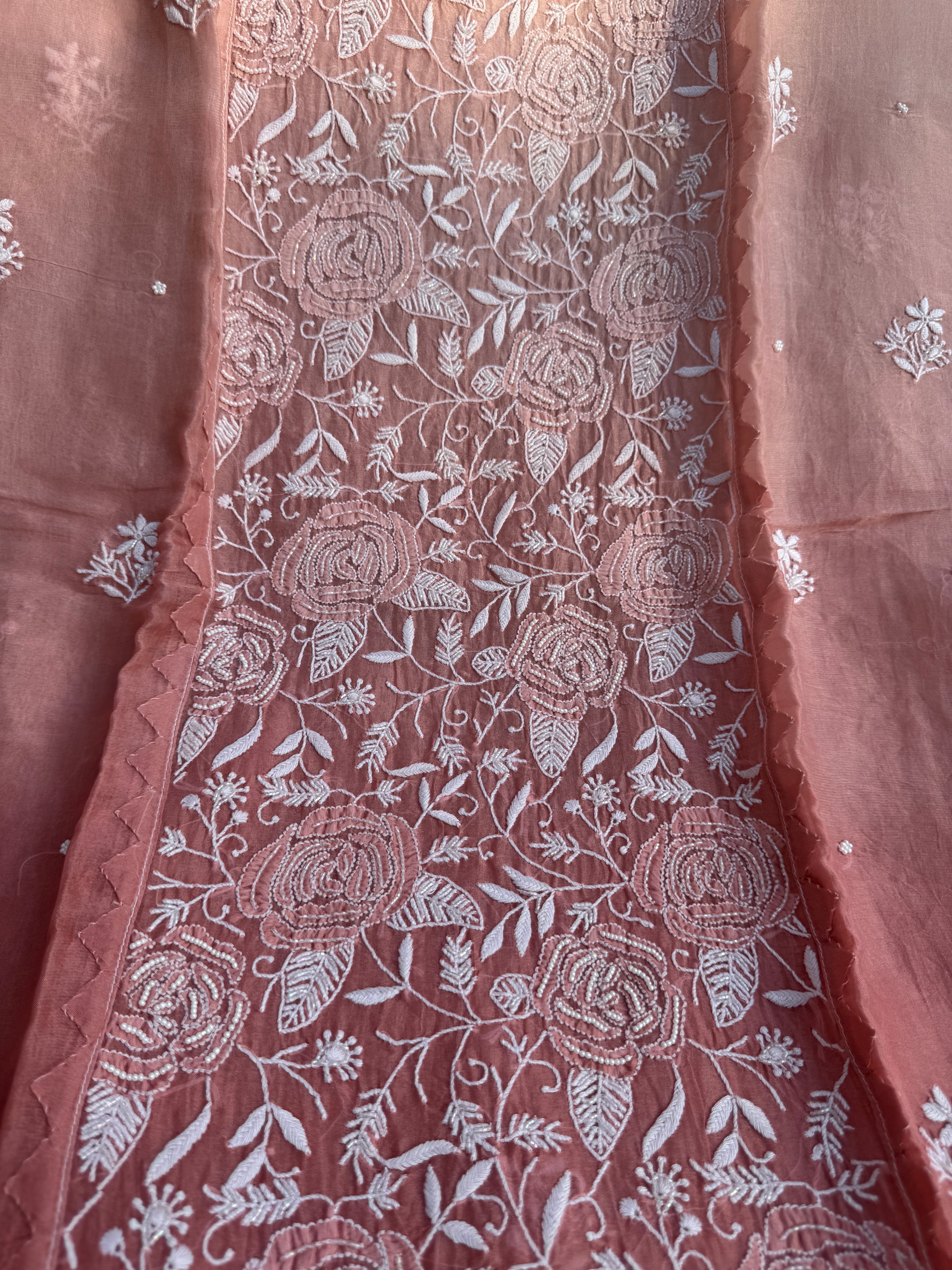 Organza Chikankari Length with Dupatta (Pearl Work) - Rosewood Ombre