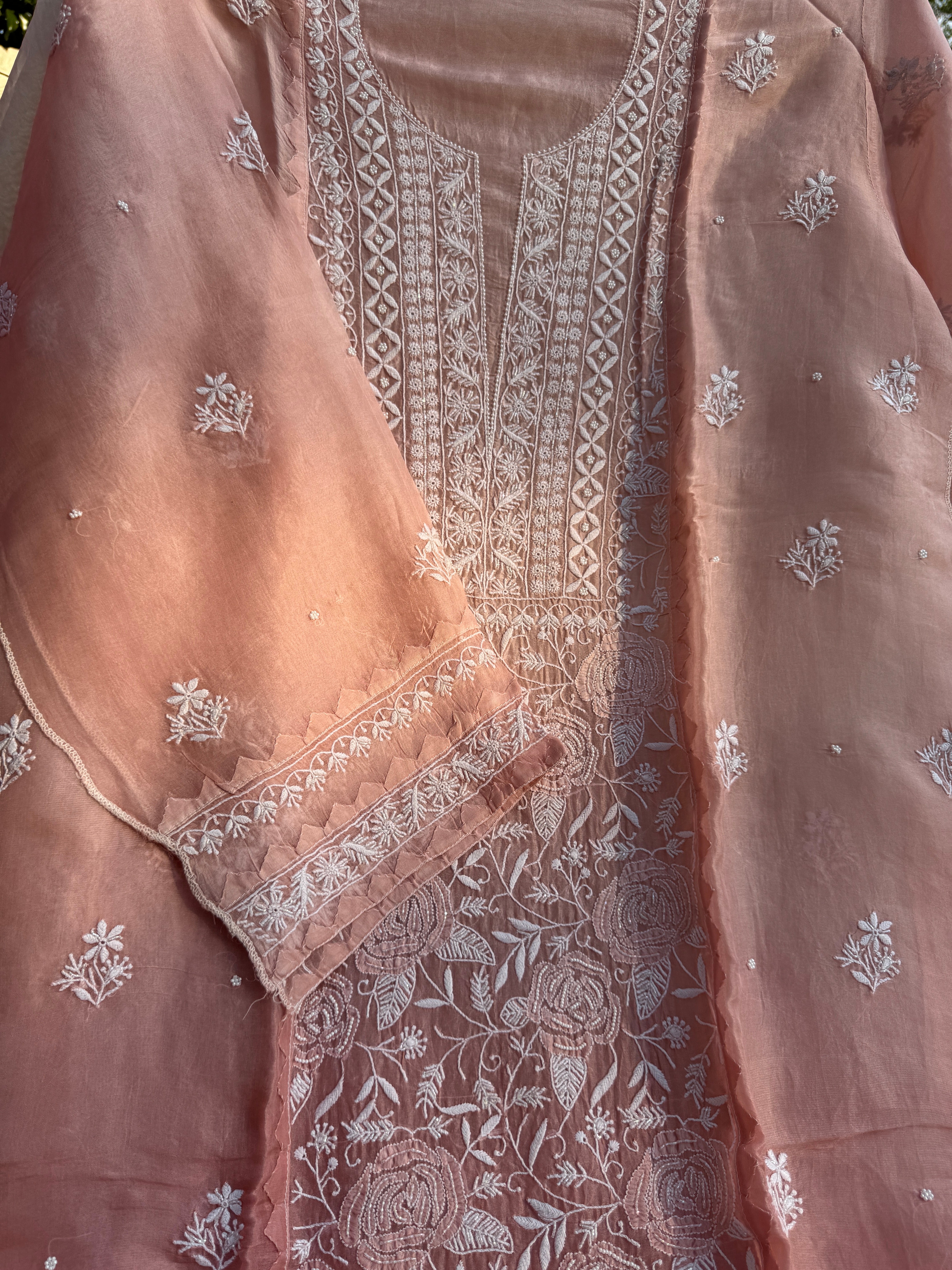 Organza Chikankari Length with Dupatta (Pearl Work) - Rosewood Ombre