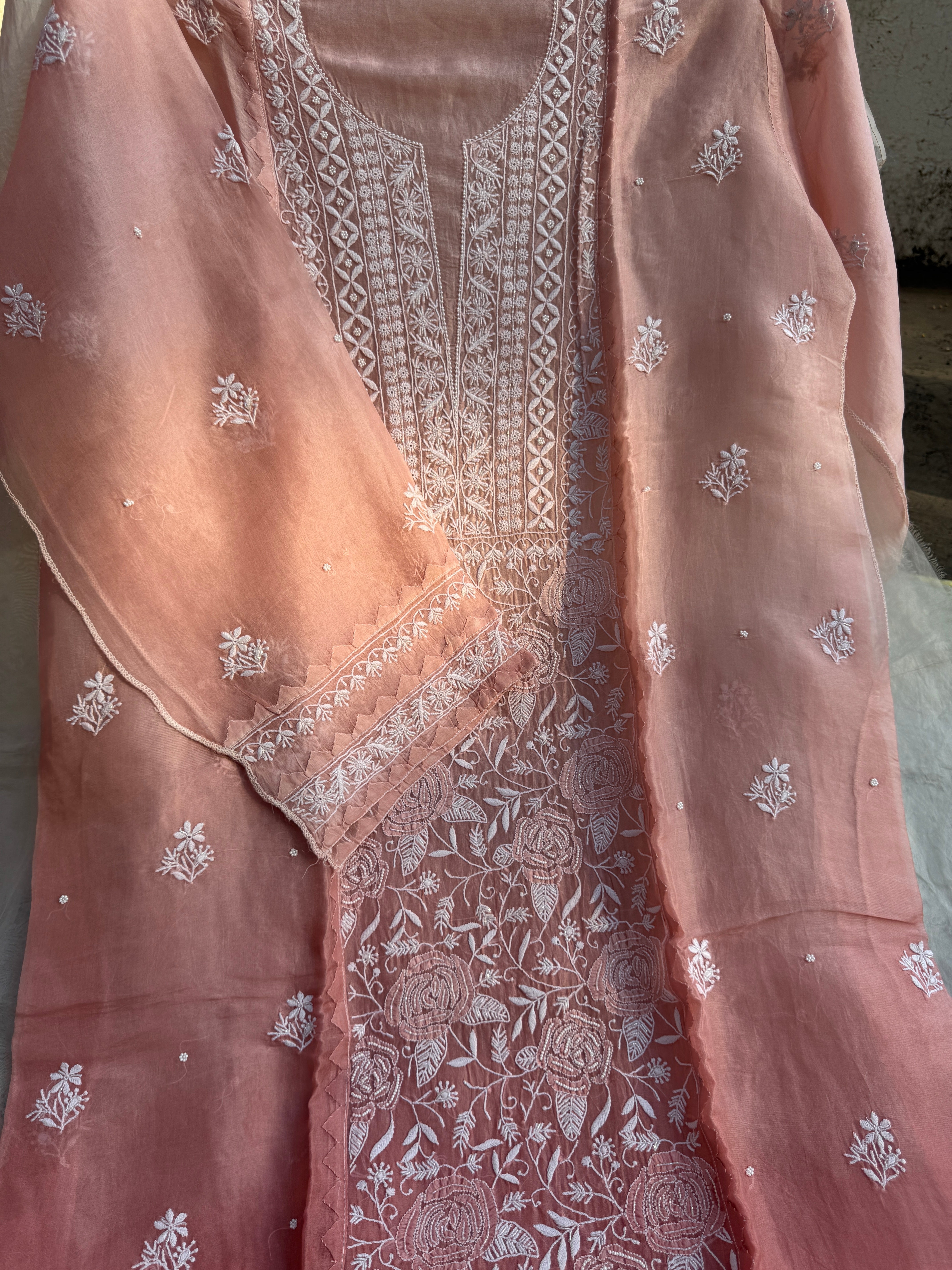 Organza Chikankari Length with Dupatta (Pearl Work) - Rosewood Ombre