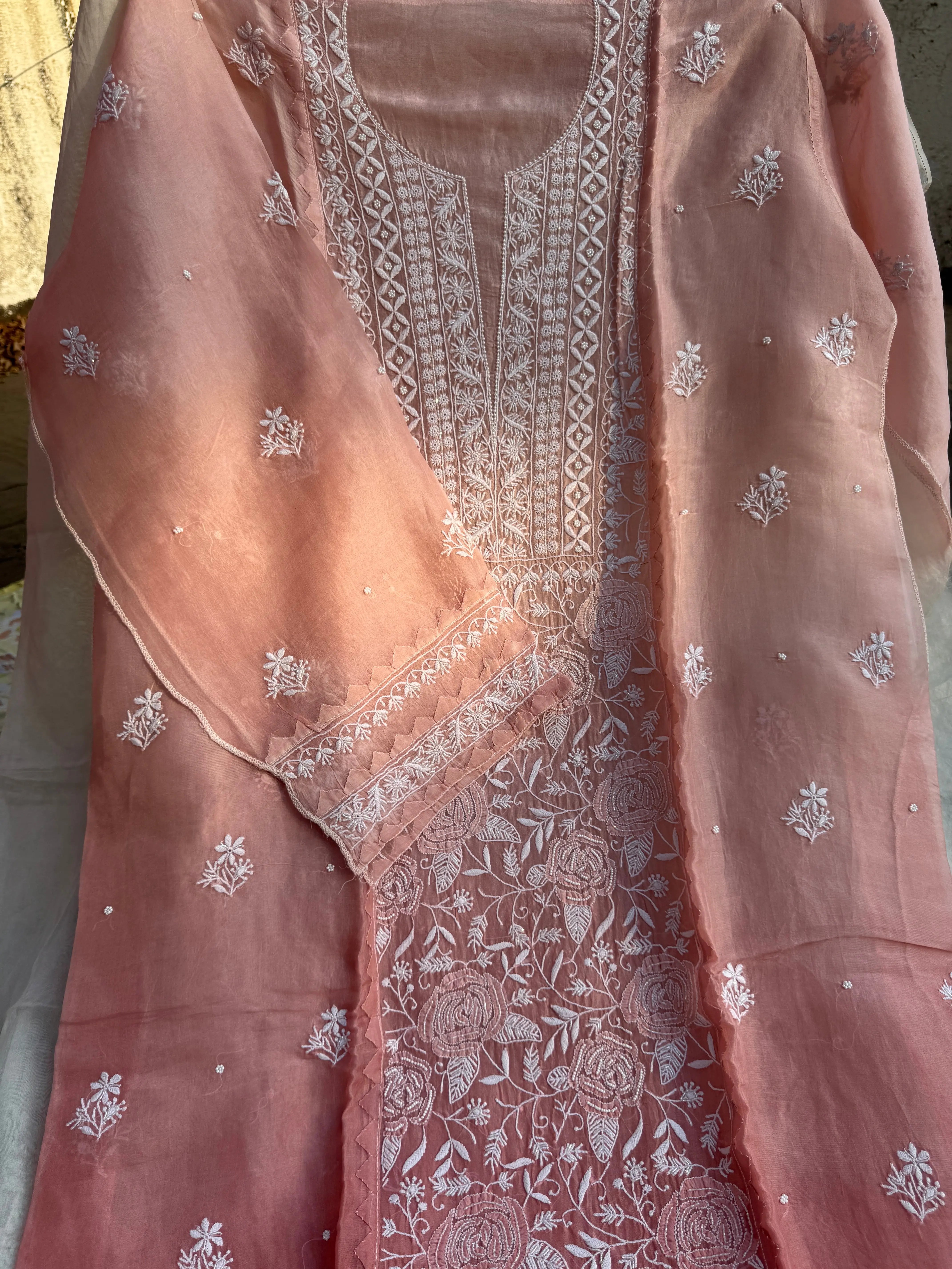 Organza Chikankari Length with Dupatta (Pearl Work) - Rosewood Ombre ARIAA CHIKANKARI