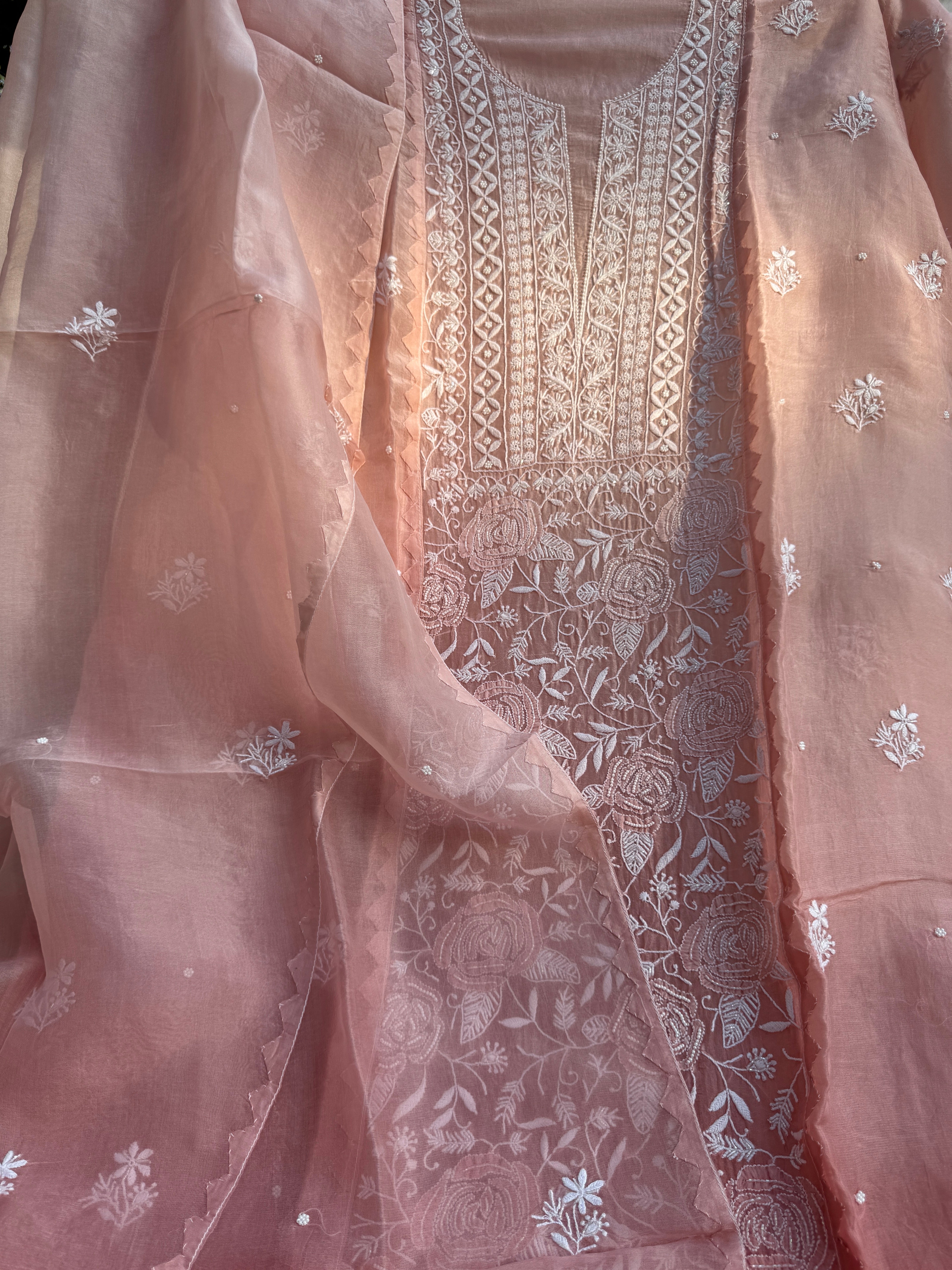 Organza Chikankari Length with Dupatta (Pearl Work) - Rosewood Ombre