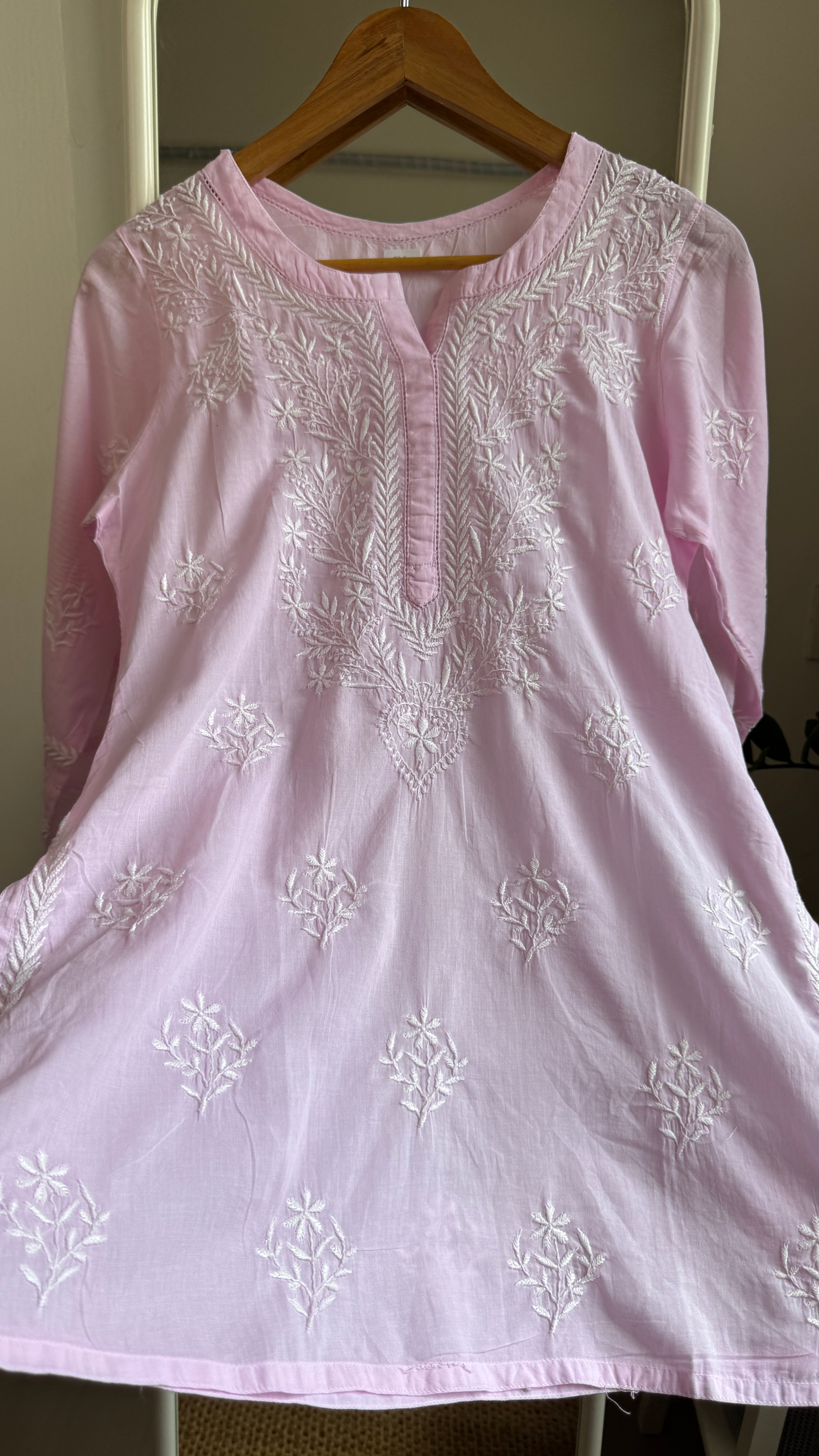 Mul Cotton Chikankari Full sleeves short Top - Pink - ZOYA Collection