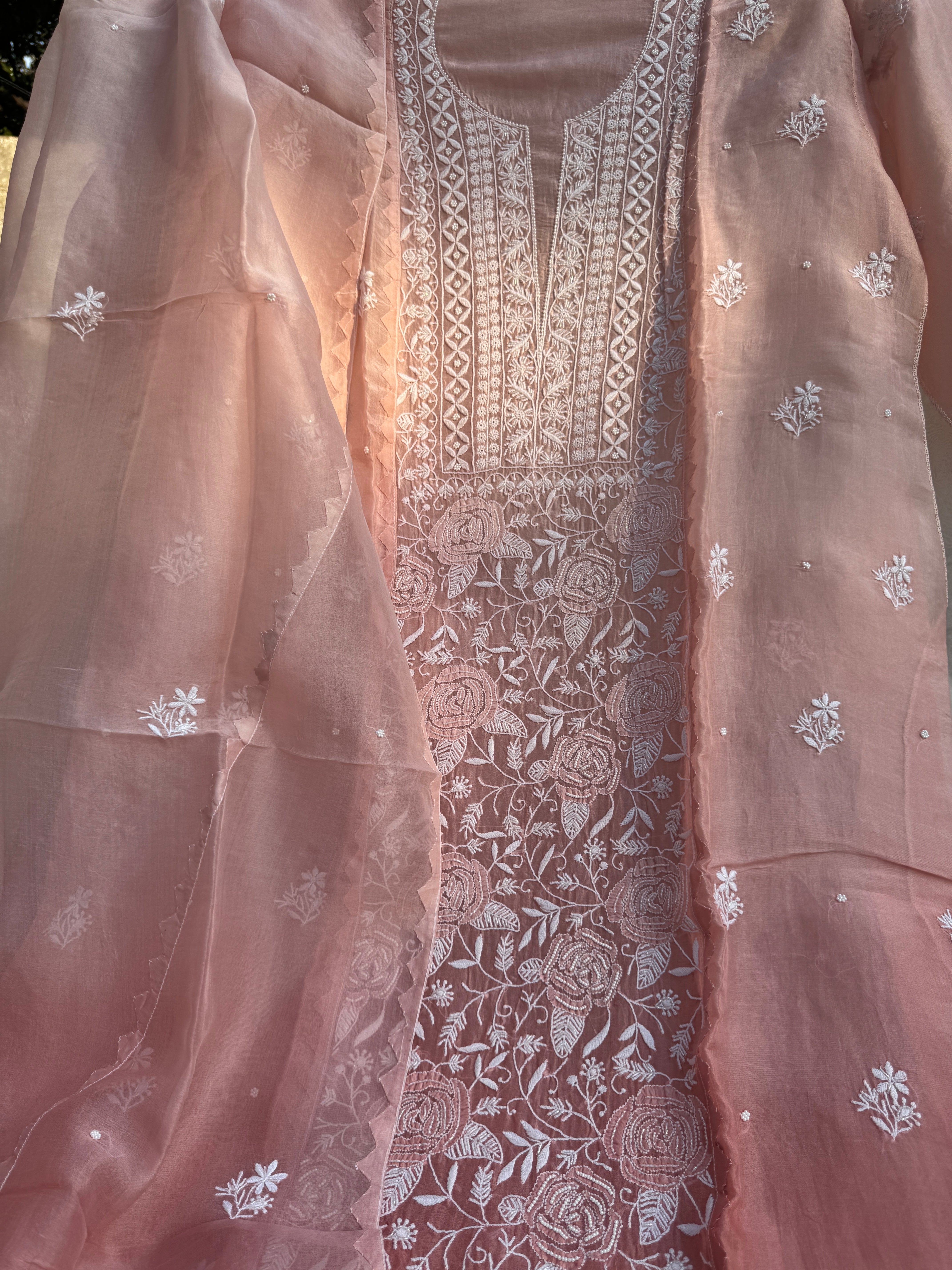 Organza Chikankari Length with Dupatta (Pearl Work) - Rosewood Ombre