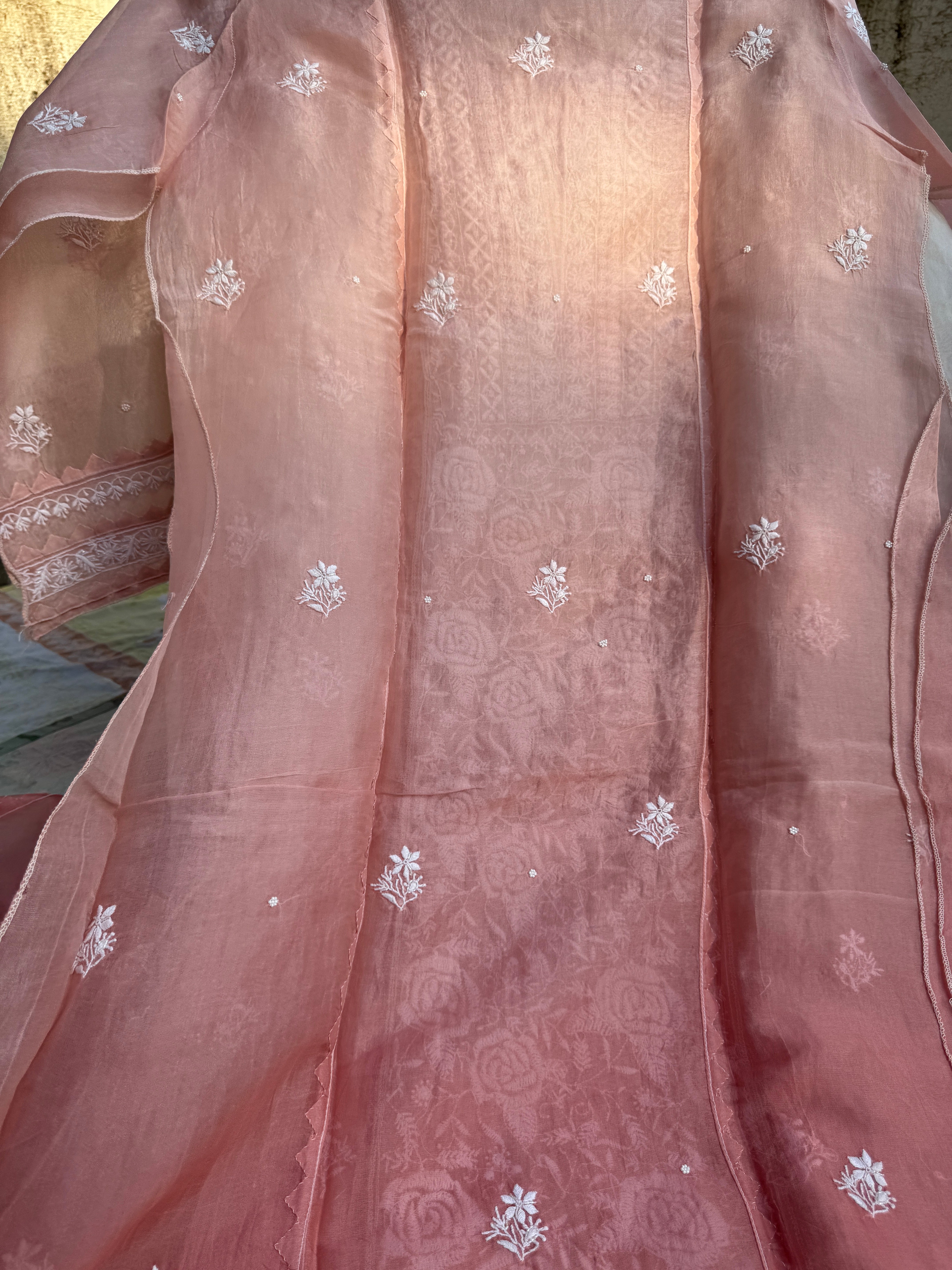 Organza Chikankari Length with Dupatta (Pearl Work) - Rosewood Ombre