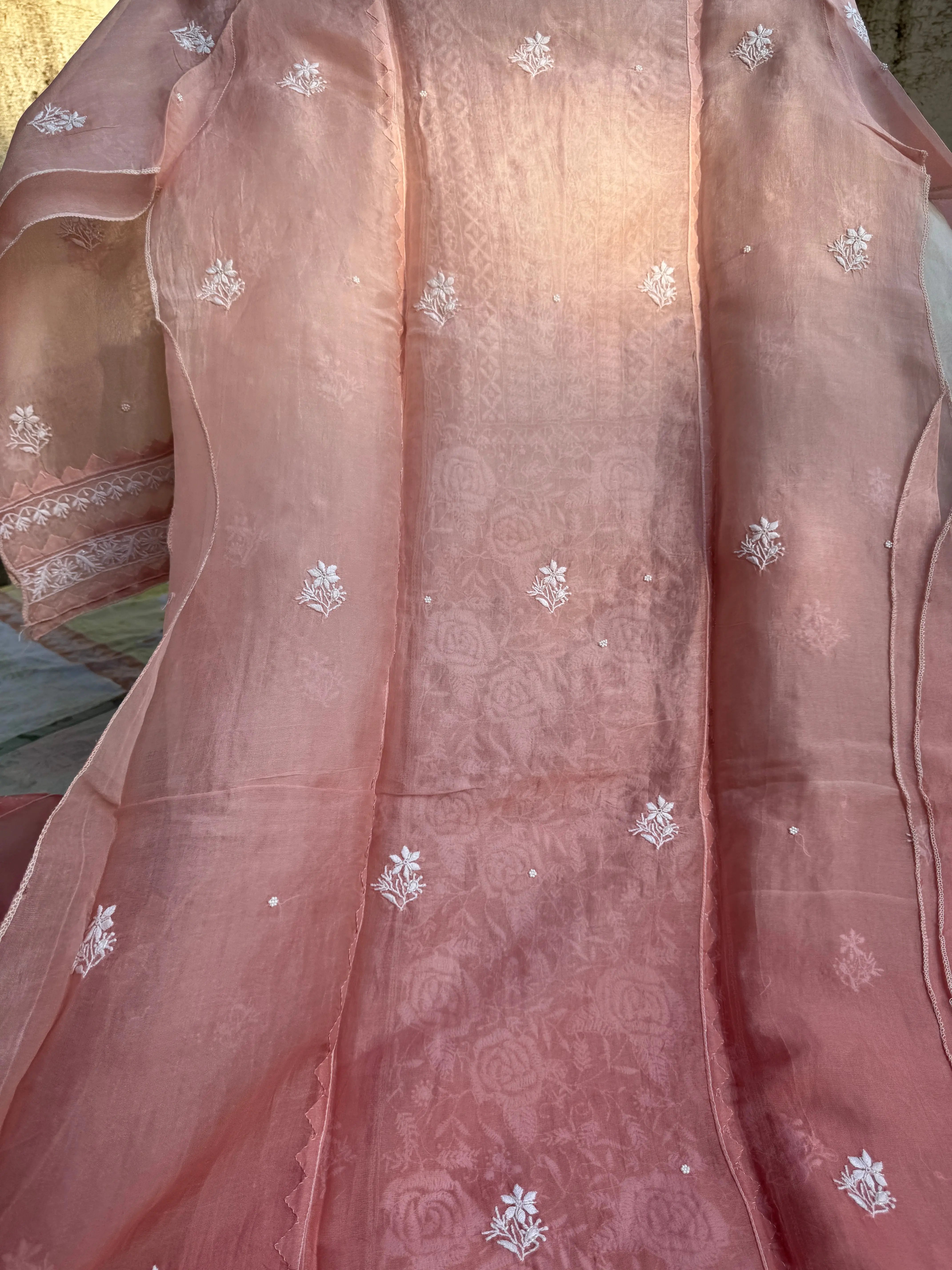 Organza Chikankari Length with Dupatta (Pearl Work) - Rosewood Ombre ARIAA CHIKANKARI