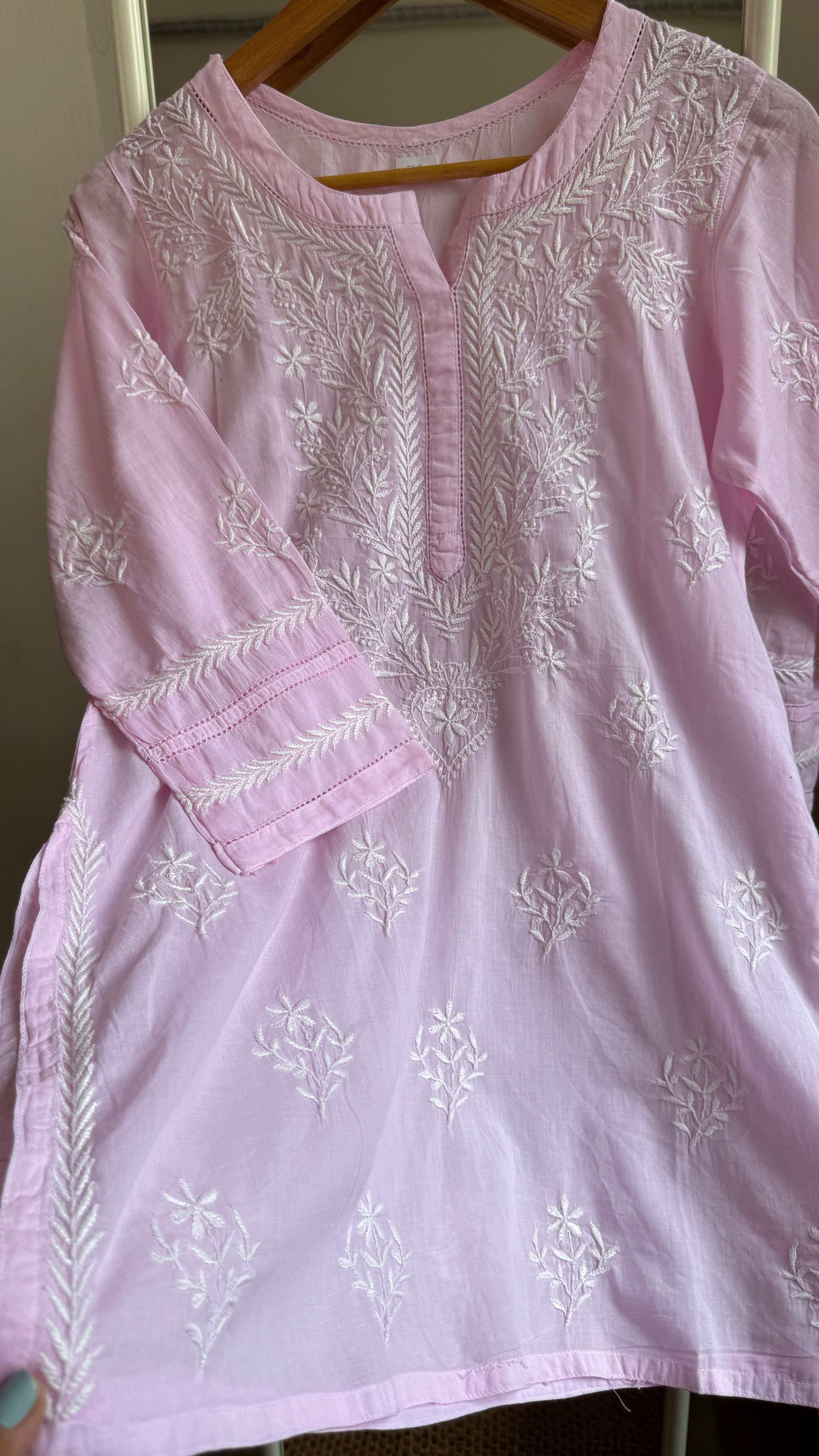 Mul Cotton Chikankari Full sleeves short Top - Pink - ZOYA Collection